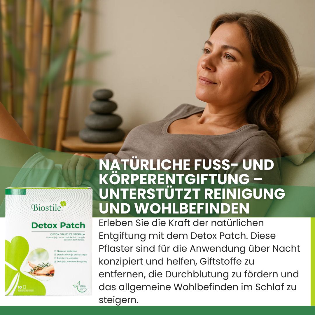 Frau entspannt, Biostile Detox Patch Packung im Vordergrund, Text über Entgiftung.