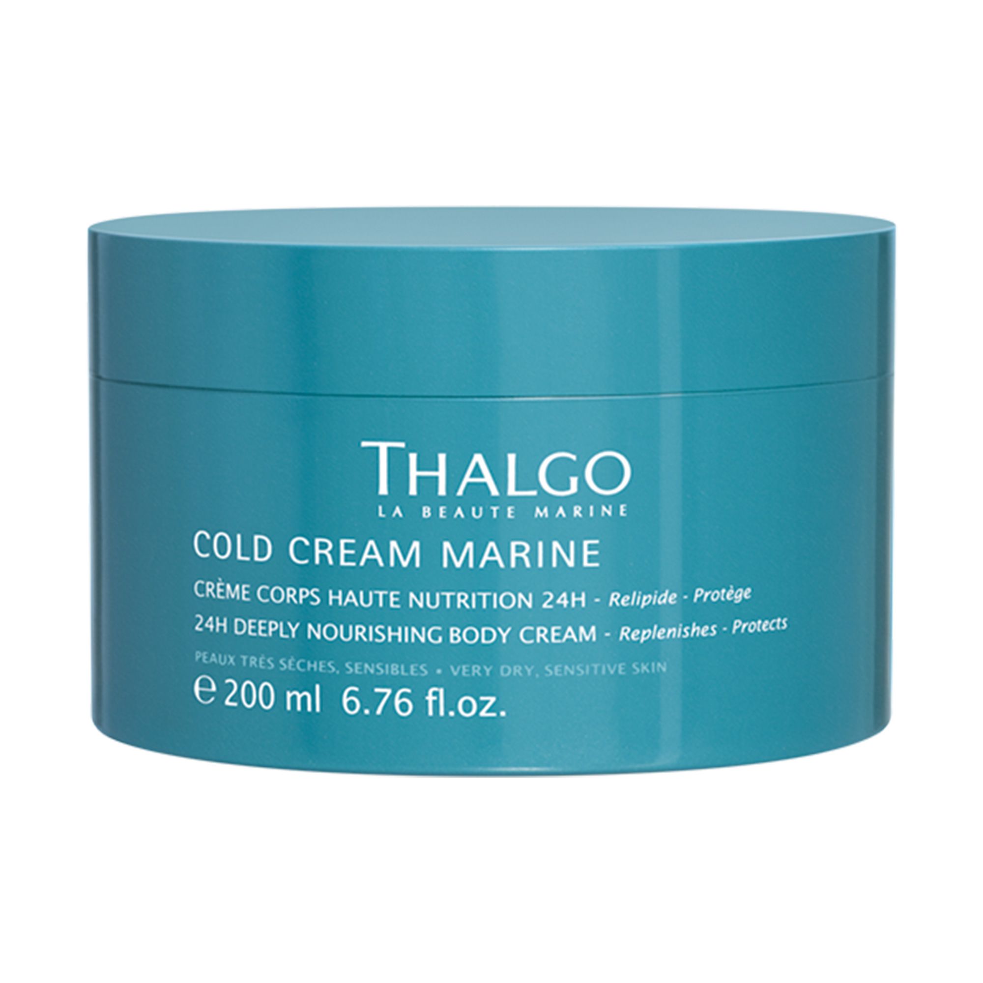 Türkisfarbener Tiegel. Aufschrift: THALGO, Cold Cream Marine, Creme Corps, 24H Deeply Nourishing Body Cream. Volumen: 200 ml.
