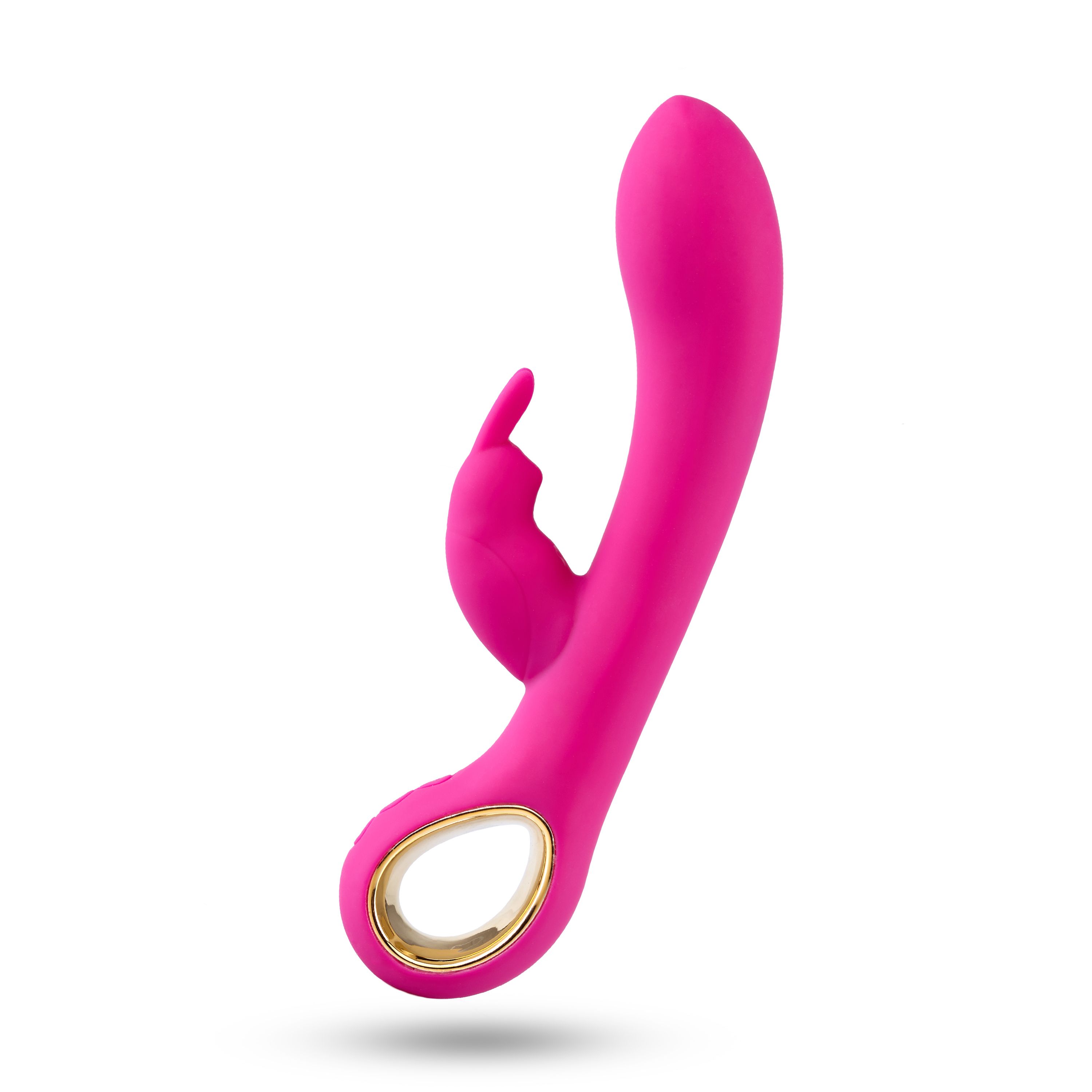 Rosa Vibrator mit Hasenohren-Design und goldfarbenem Ring. Ergonomische Form, seitliche Ansicht.