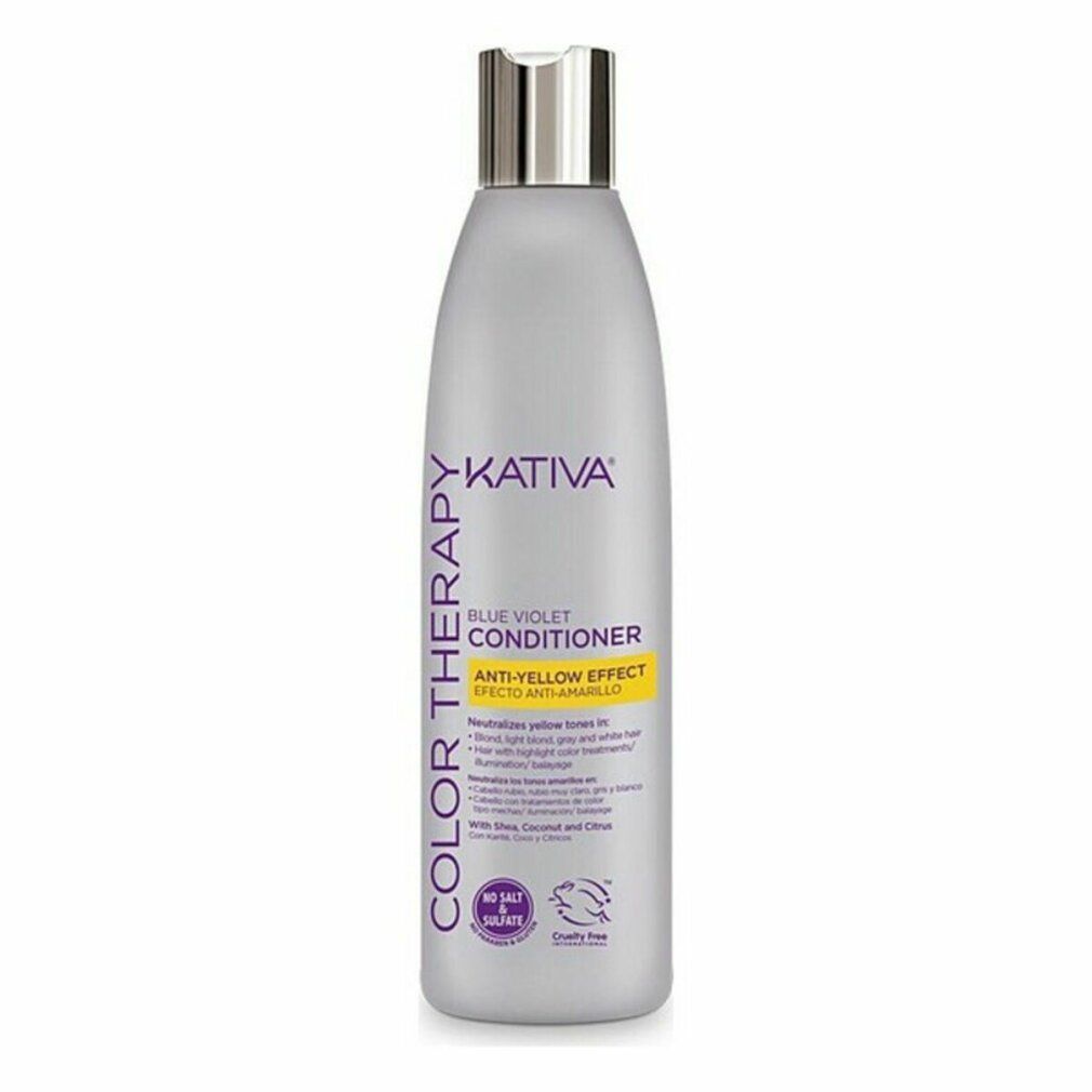 Flasche Kativa Blue Violet Conditioner. Graue Flasche mit silbernem Deckel. Lila und gelbe Beschriftung.