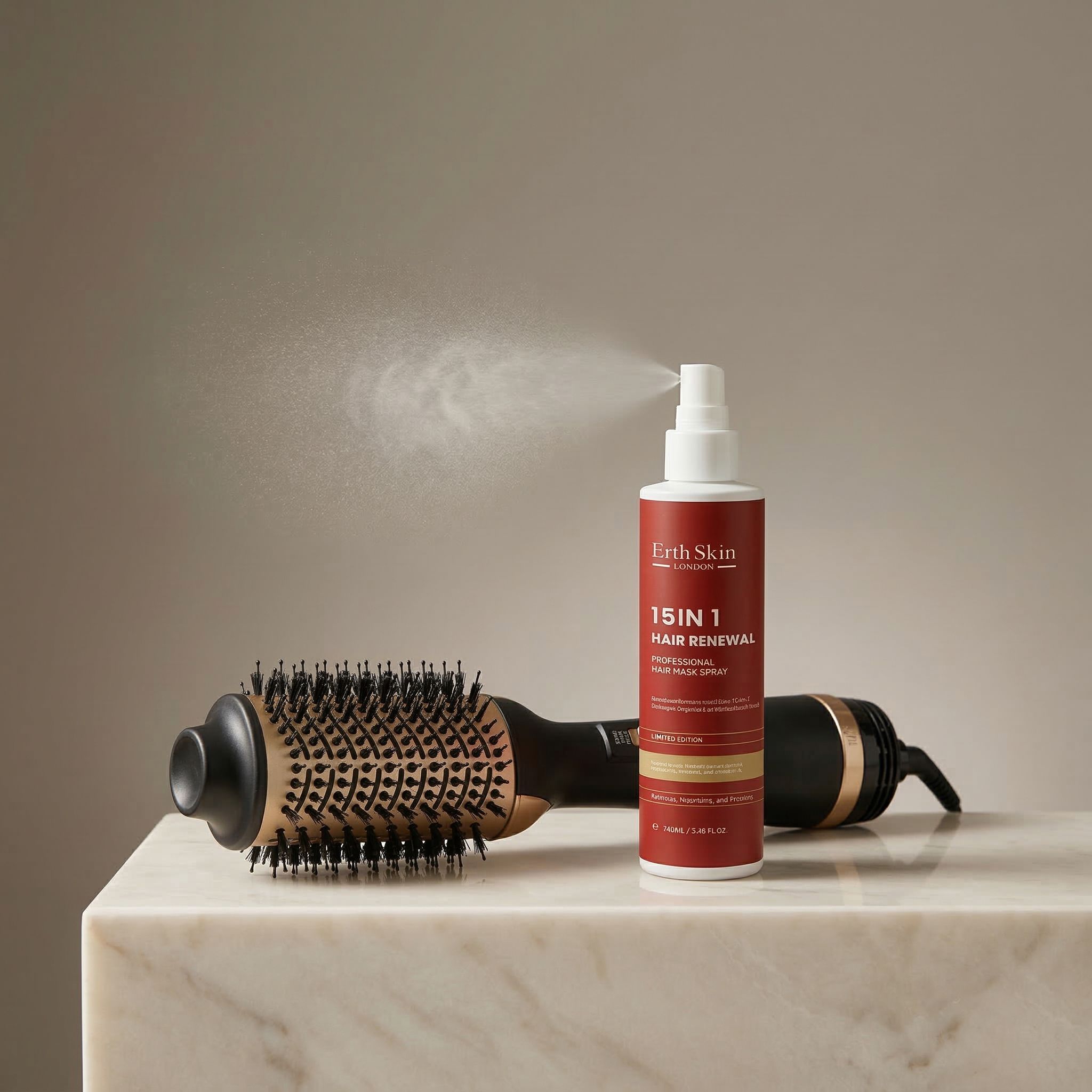 Haartrocknerbürste und Haarspray auf Marmoroberfläche.