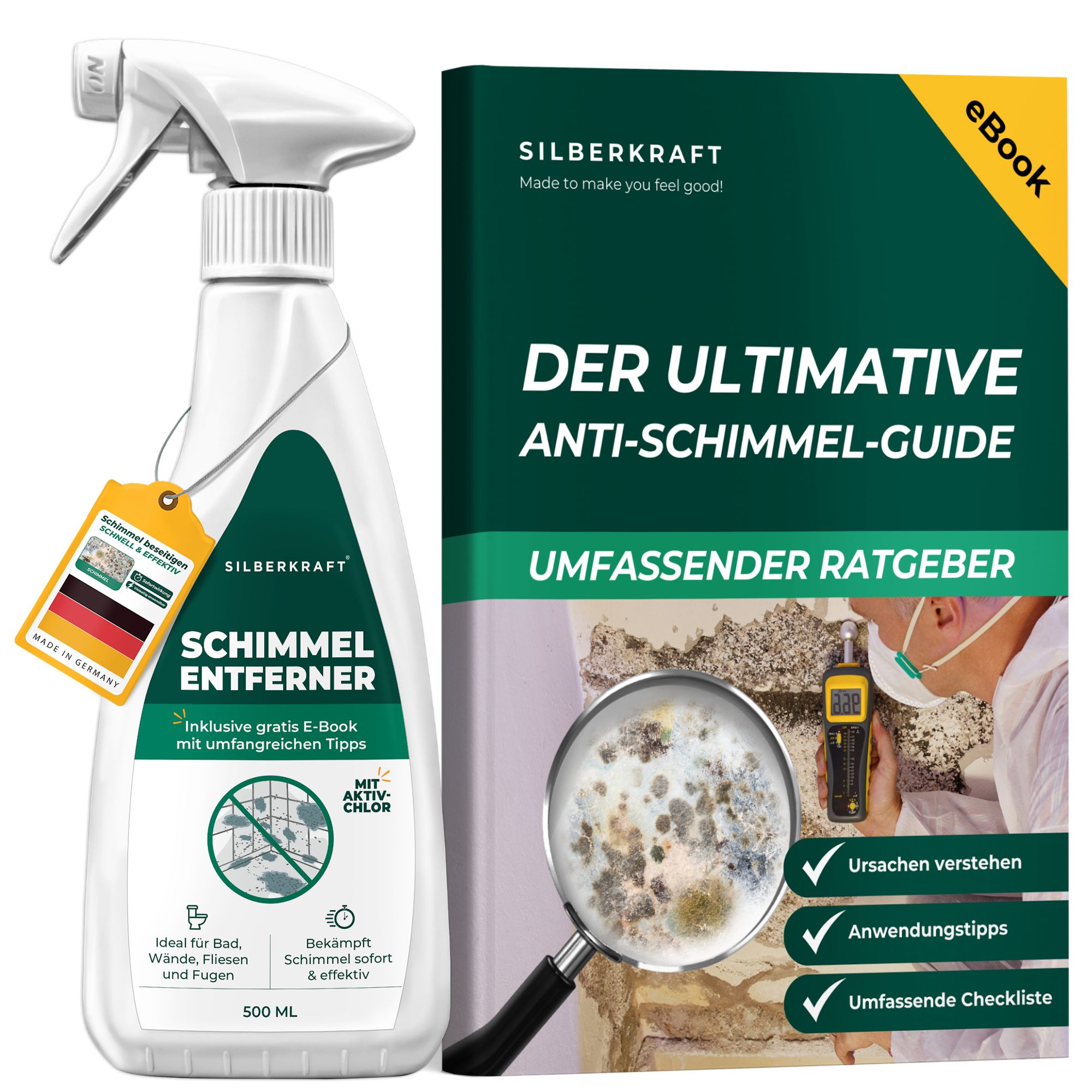 SILBERKRAFT Schimmelentferner Sprühflasche und E-Book. E-Book-Titel: Der ultimative Anti-Schimmel-Guide. Mit Lupe.