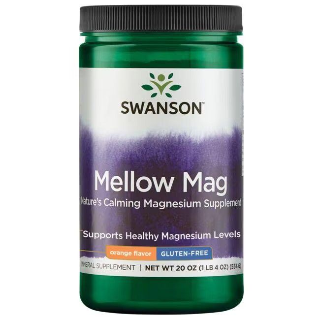 Grüne Dose mit schwarzem Deckel. Aufschrift: SWANSON, Mellow Mag, Orangengeschmack, glutenfrei. Inhalt: 20 oz (1 LB 4 OZ).