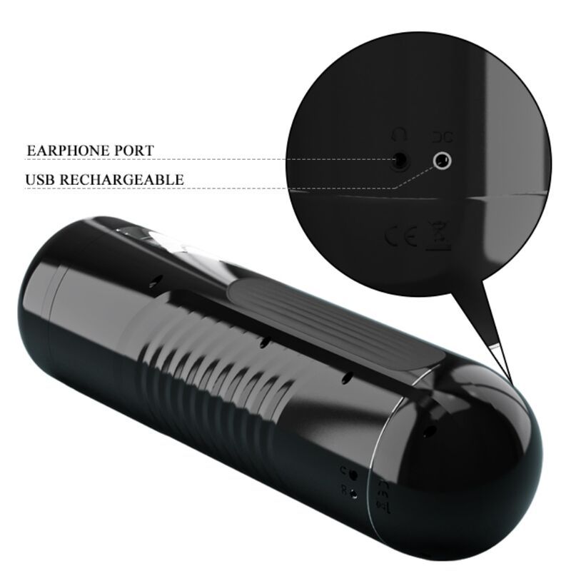 Schwarzes, zylindrisches Gerät. Detailansicht mit Ohrhöreranschluss und USB-Anschluss.