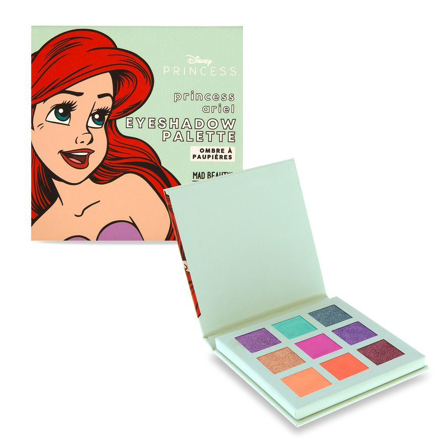 Lidschatten-Palette mit Ariel-Illustration. Neun Farbtöne in einer hellgrünen Verpackung. Marke: Mad Beauty.