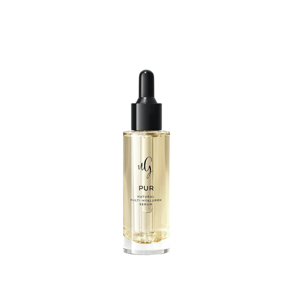 Glasflasche mit Pipettenverschluss, gefüllt mit hellem Serum. Etikett mit "PUR NATURAL MULTI-HYALURON SERUM".