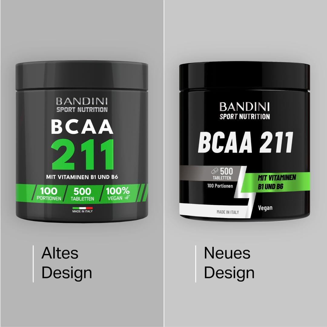 Bandini Sport Nutrition BCAA 211 Dose mit Vitaminen B1 und B6, 100 Portionen, 500 Tabletten.