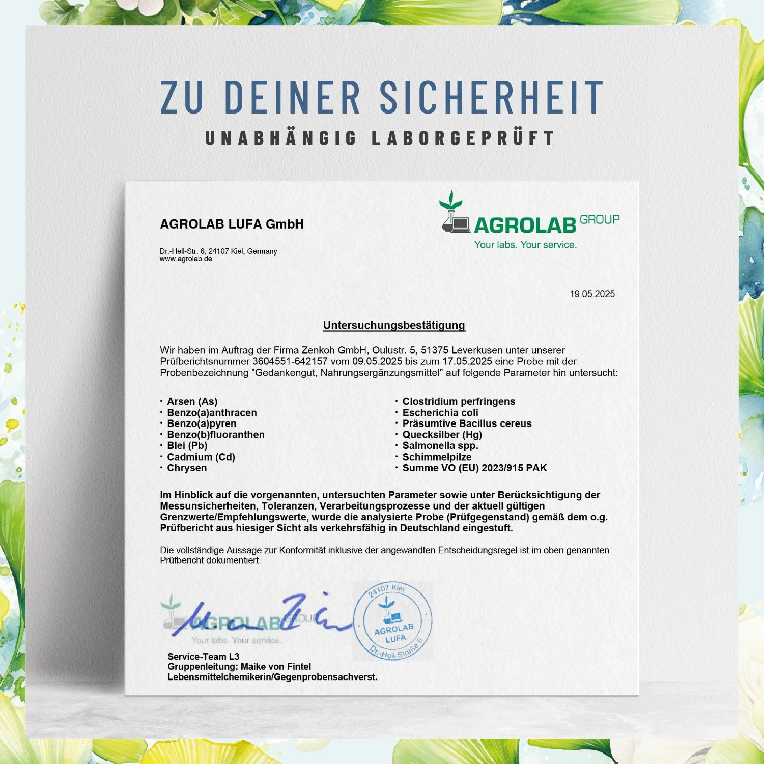 Zertifizierungsdokument von AGROLAB LUFA GmbH. Unterschrift. Text: Unabhängig laborgeprüft. Parameter: Arsen, Benzo(a)pyren, etc.