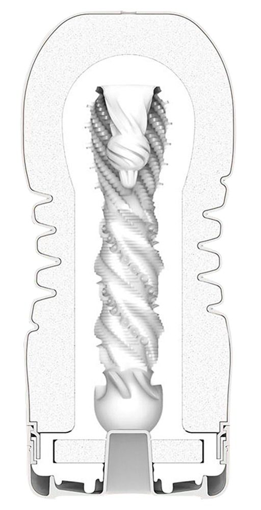 Schnittzeichnung eines weißen, zylindrischen Produkts mit spiralförmiger Innenstruktur. Die Außenhülle ist durchsichtig dargestellt.