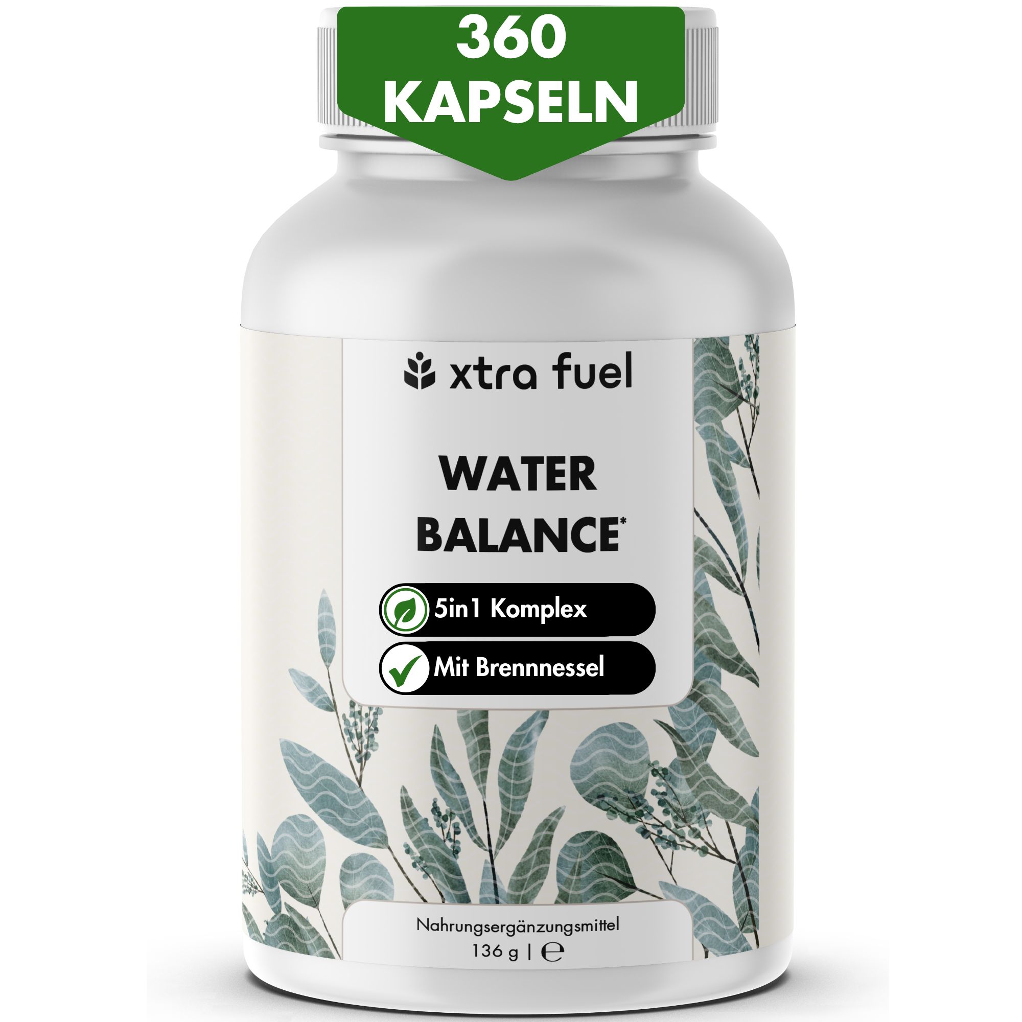 Weiße Flasche mit Kapseln. Aufschrift: XTRA FUEL, WATER BALANCE, 5in1 Komplex, Mit Brennnessel. 360 Kapseln.