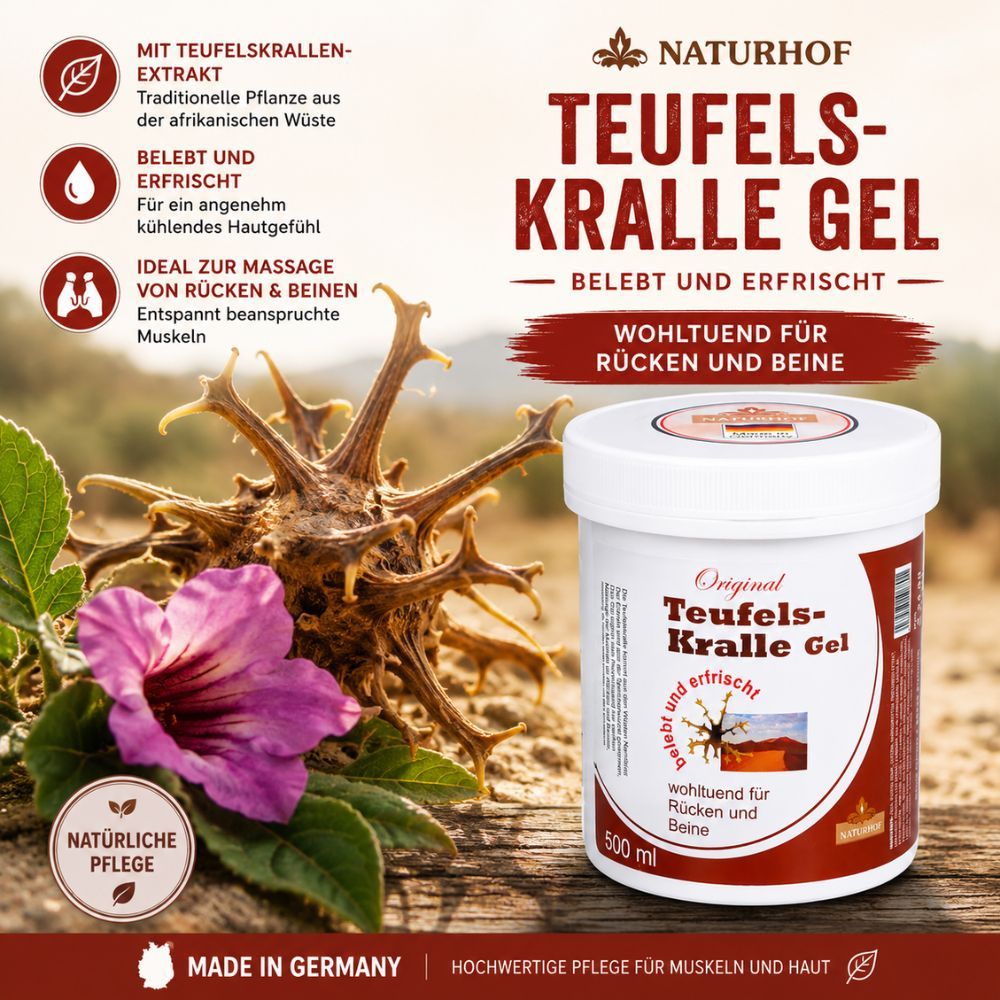 NATURHOF Teufelskralle Gel Dose neben einem getrockneten Teufelskralle-Zweig mit Blüte und Blatt. "Made in Germany" Siegel.
