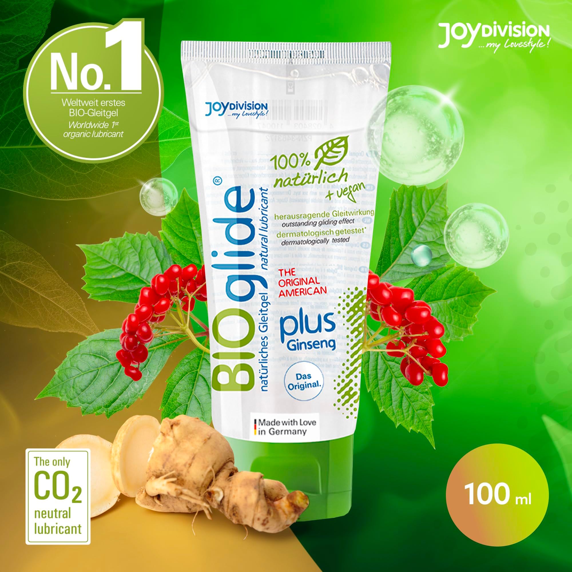 Tube Joydivision BIOglide plus Ginseng Gleitgel, 100ml. "Nr. 1 weltweit", CO2-neutral, natürlich + vegan.