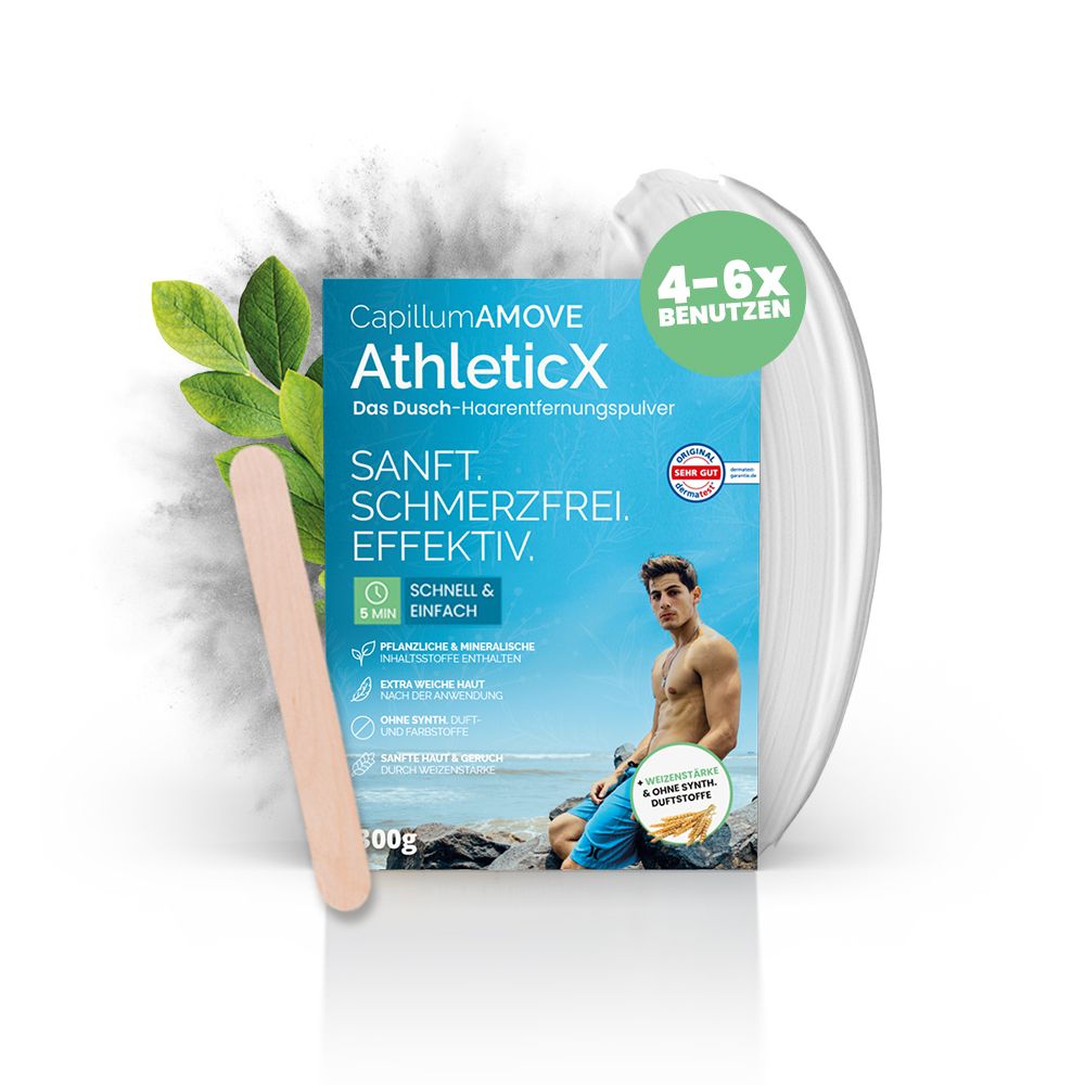 Produktverpackung mit Spatel und Blättern. 4-6 Anwendungen. CapillumAMOVE AthleticX. Sanft, schmerzfrei, effektiv. 200g.