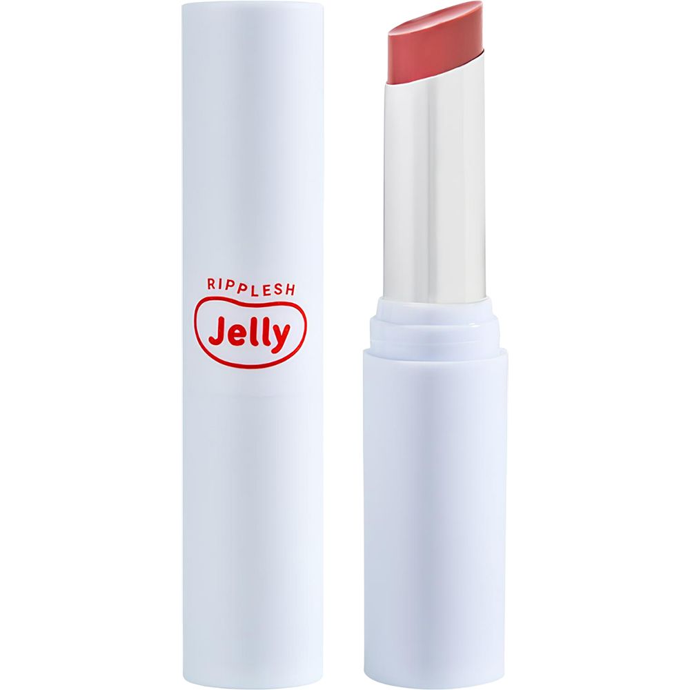 Weißer Lippenbalsam mit rotem Aufdruck "Ripplesh Jelly". Geöffnet, Stift mit rosa Spitze sichtbar.