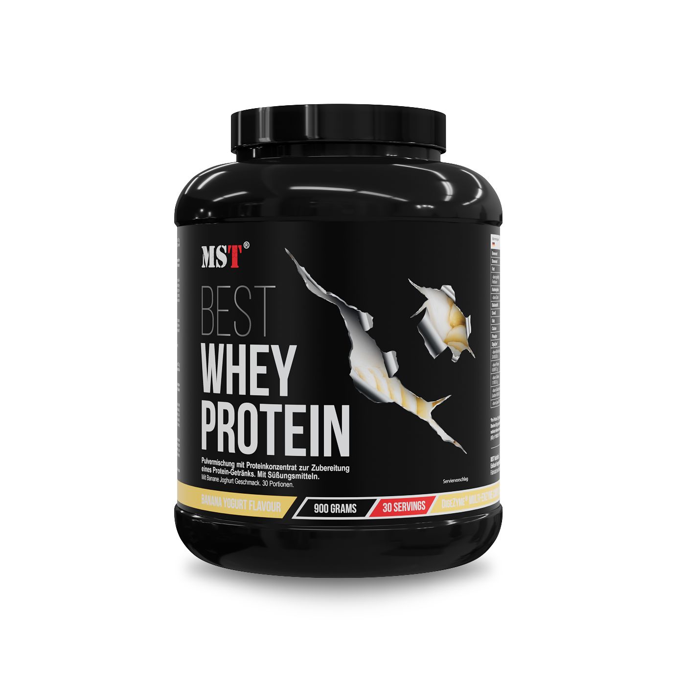 Schwarzer Behälter mit MST Best Whey Protein Aufschrift, 900 Gramm, 30 Portionen.