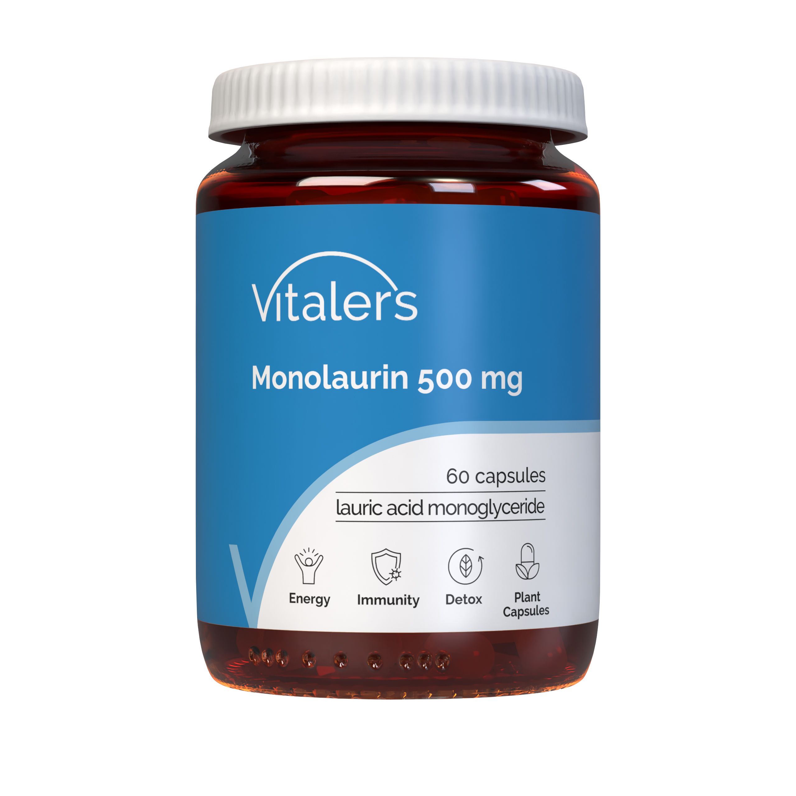 Vitalers Monolaurin 500 mg Kapseln, 60 Stück. Fläschchen mit Etikett: Energie, Immunität, Detox, Pflanzen.