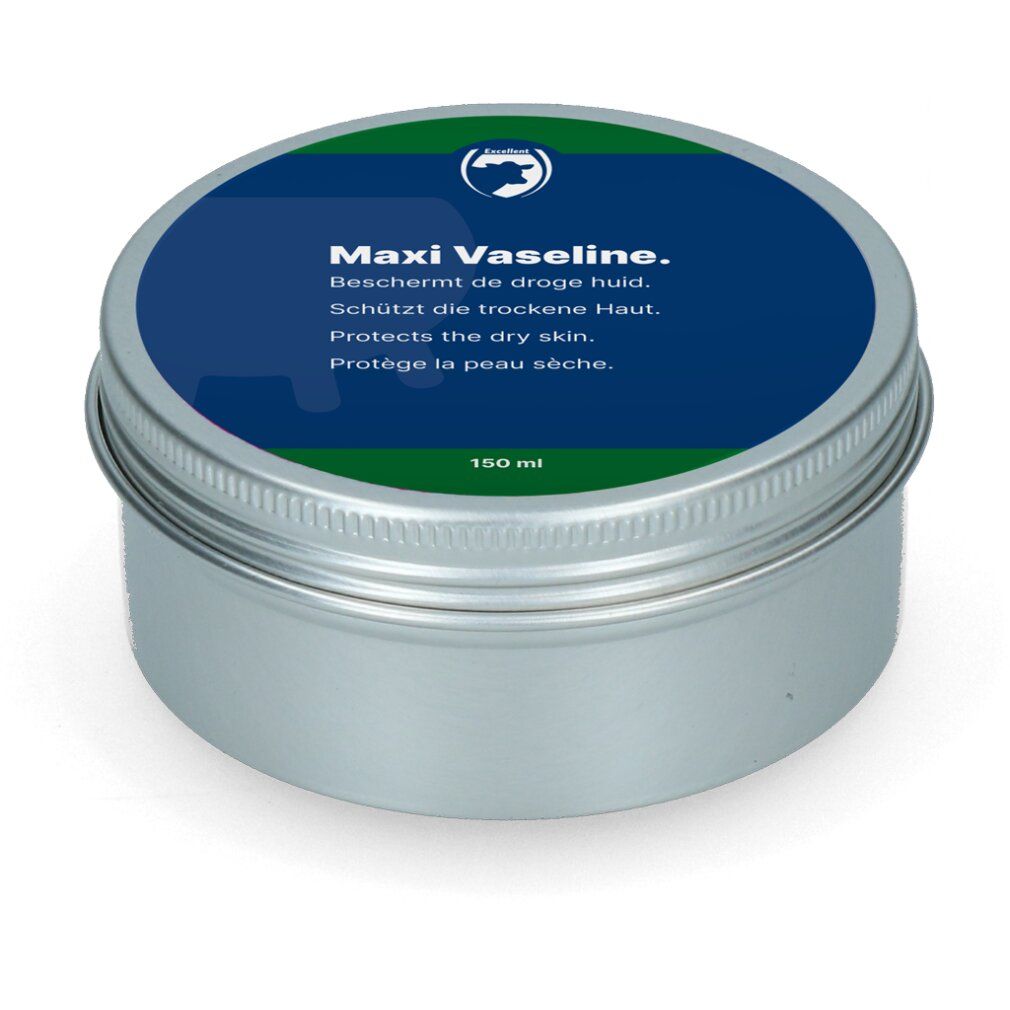 Geöffnete runde Blechdose mit Maxi Vaseline. Blaue Oberfläche mit Text in mehreren Sprachen. 150 ml.