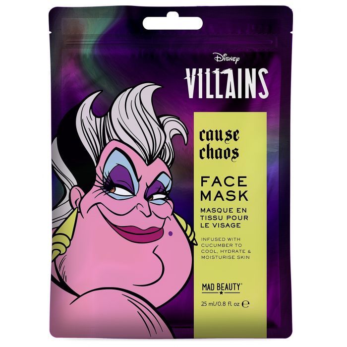 Gesichtsmaske mit Ursula-Illustration. Verpackung mit Aufschrift "Disney Villains", "Face Mask" und "Mad Beauty".