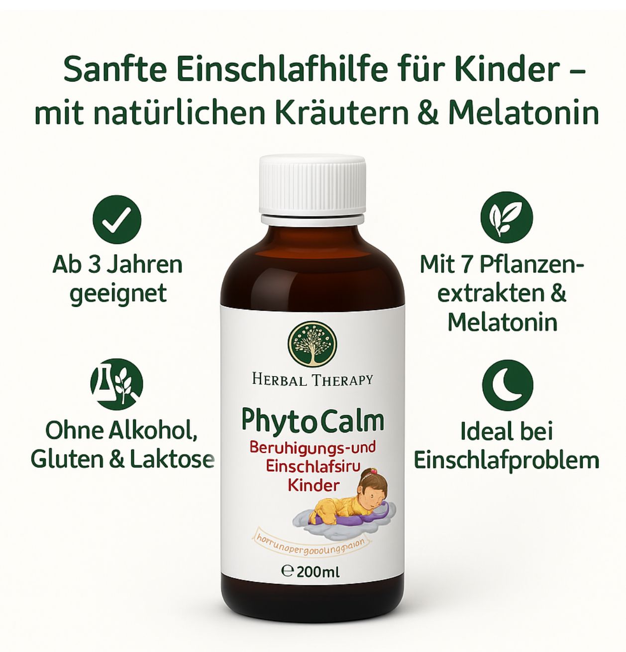 Flasche PhytoCalm Einschlafsirup Kinder mit Logos: 7 Kräuterextrakte, ab 3 Jahren, ohne Alkohol, Gluten & Laktose.