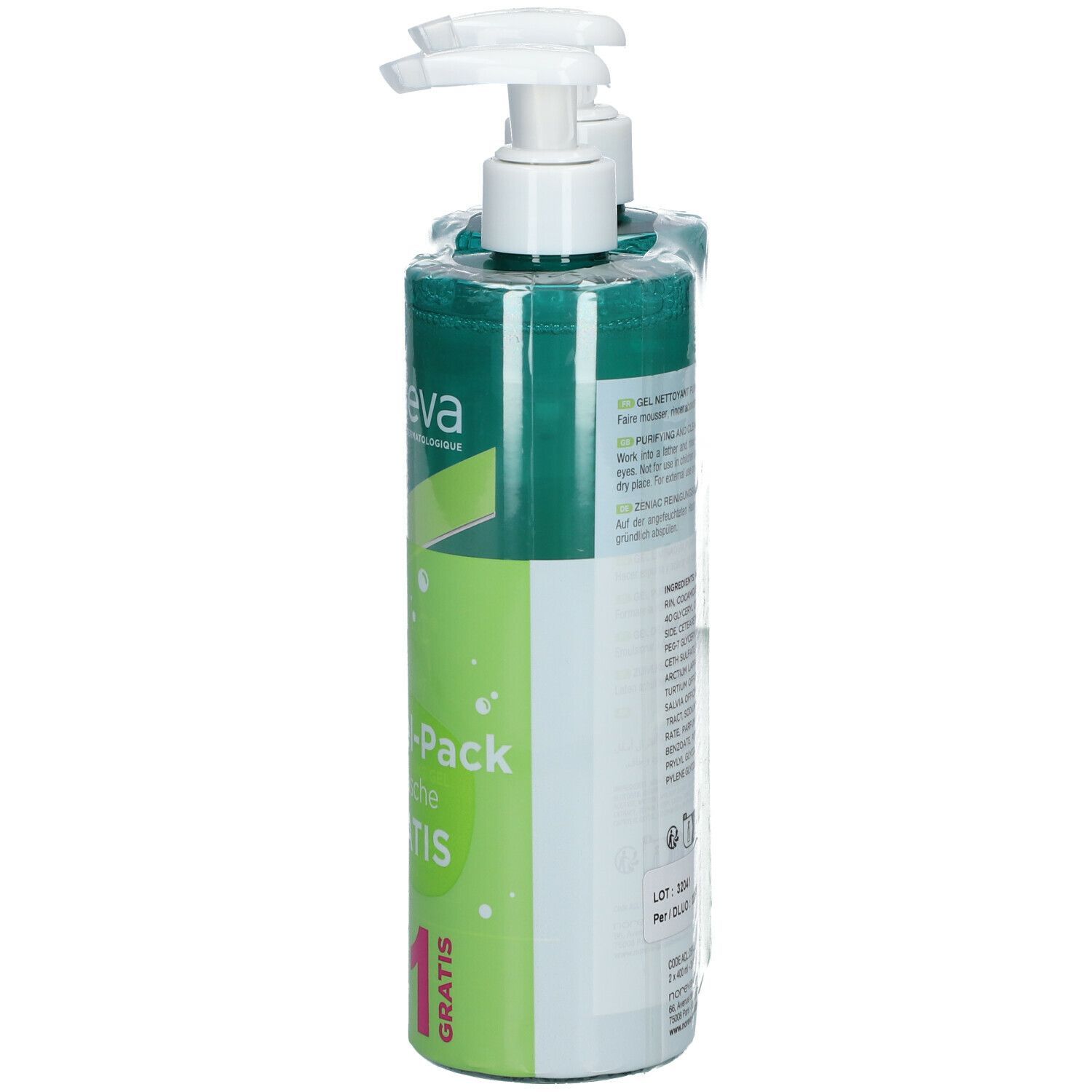 Seite des Doppelpacks noreva Zeniac Reinigungsgel. Zwei Flaschen mit Pumpverschluss, in Folie verpackt. Aufdrucke: Zeniac, Doppel-Pack, Gratis.