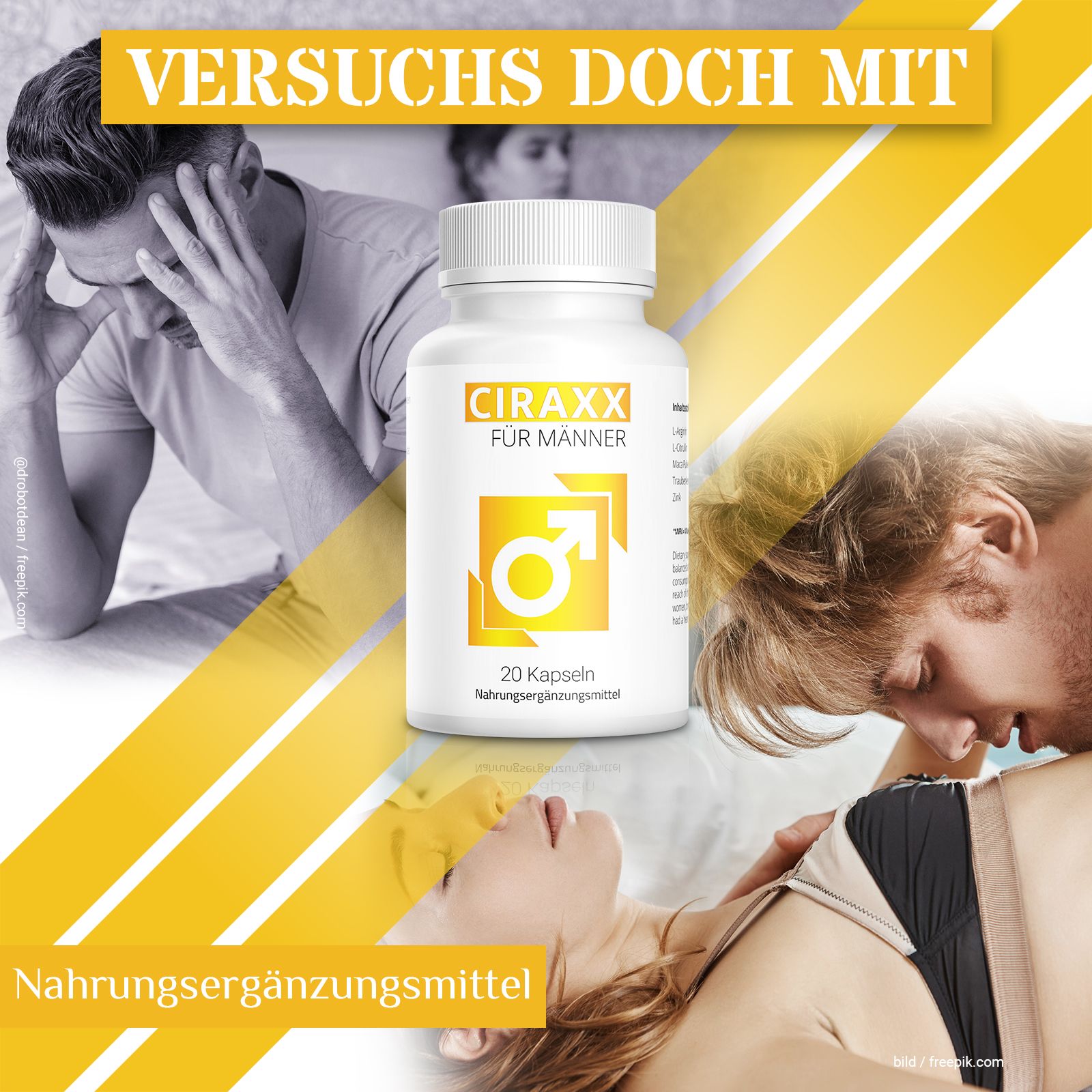 Weiße Flasche mit gelbem Etikett. Aufschrift: Ciraxx für Männer, 20 Kapseln. Nahrungsergänzungsmittel. Bildmontage mit Paaren.