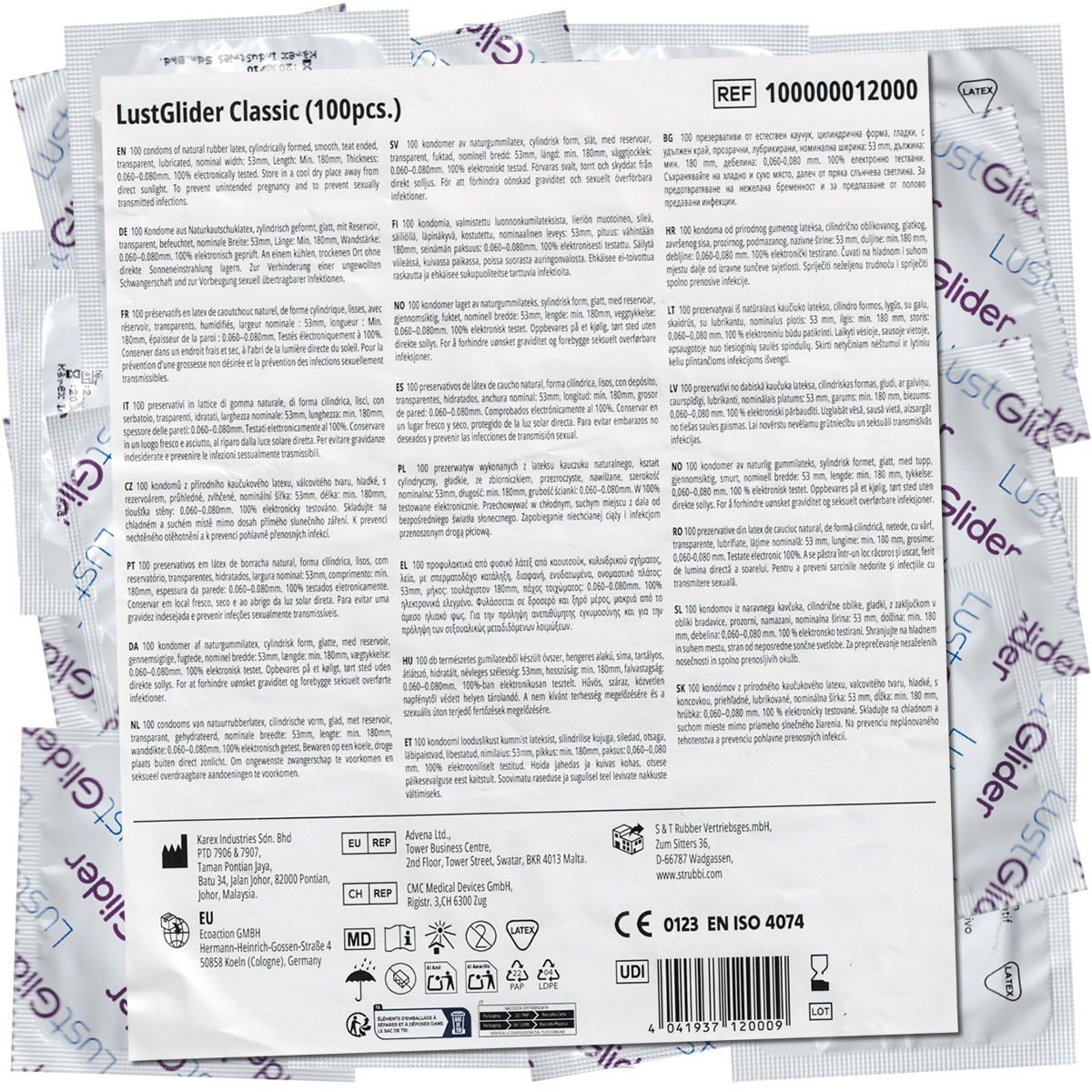 Rückseite einer Packung mit 100 LustGlider Classic Kondomen. Enthält Produktinformationen und Zertifizierungen.
