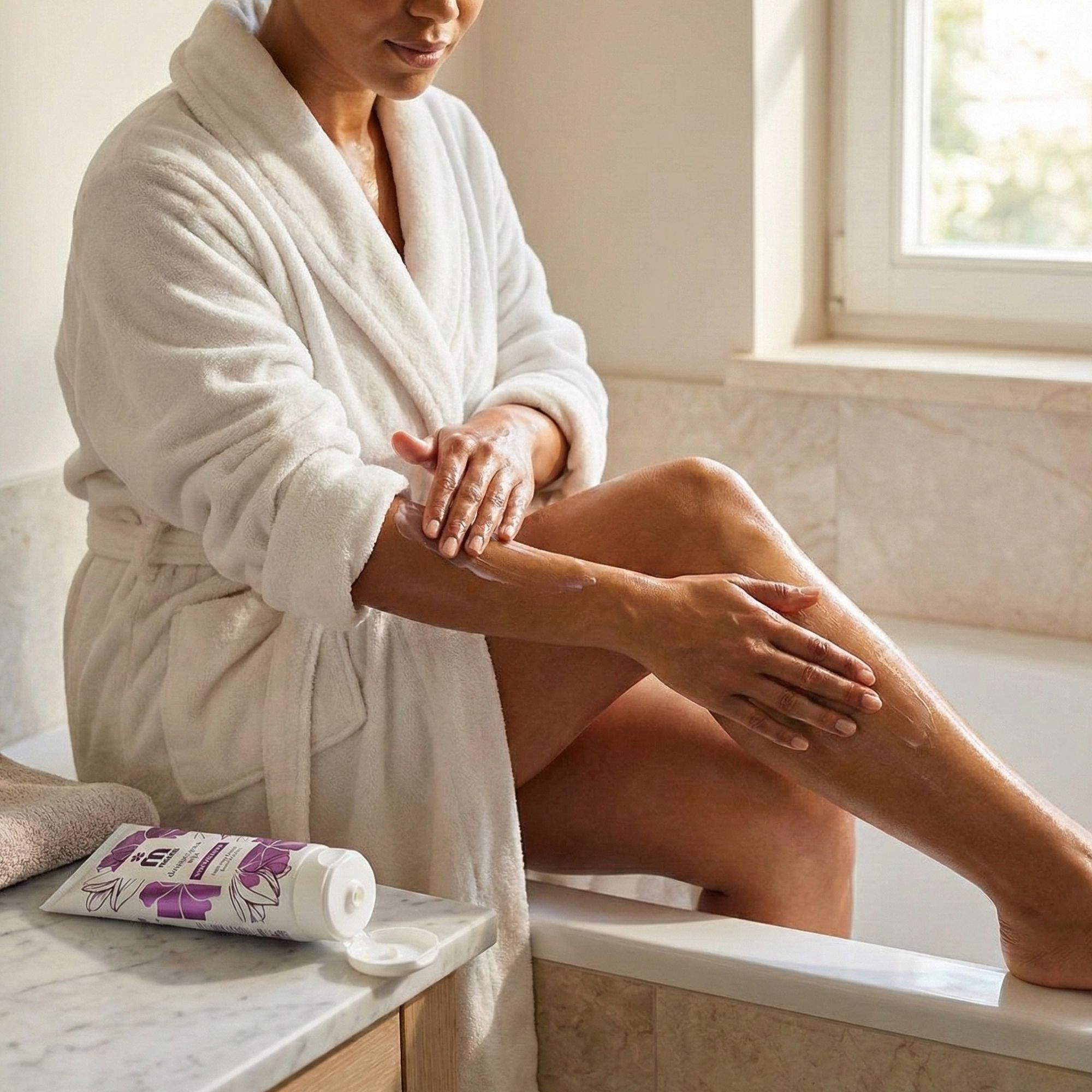 Frau im Bademantel trägt Lotion auf. Weiße Tube mit lila floralem Design. Aufschrift: Melem, dragocjena ulja, Nourishing body lotion.