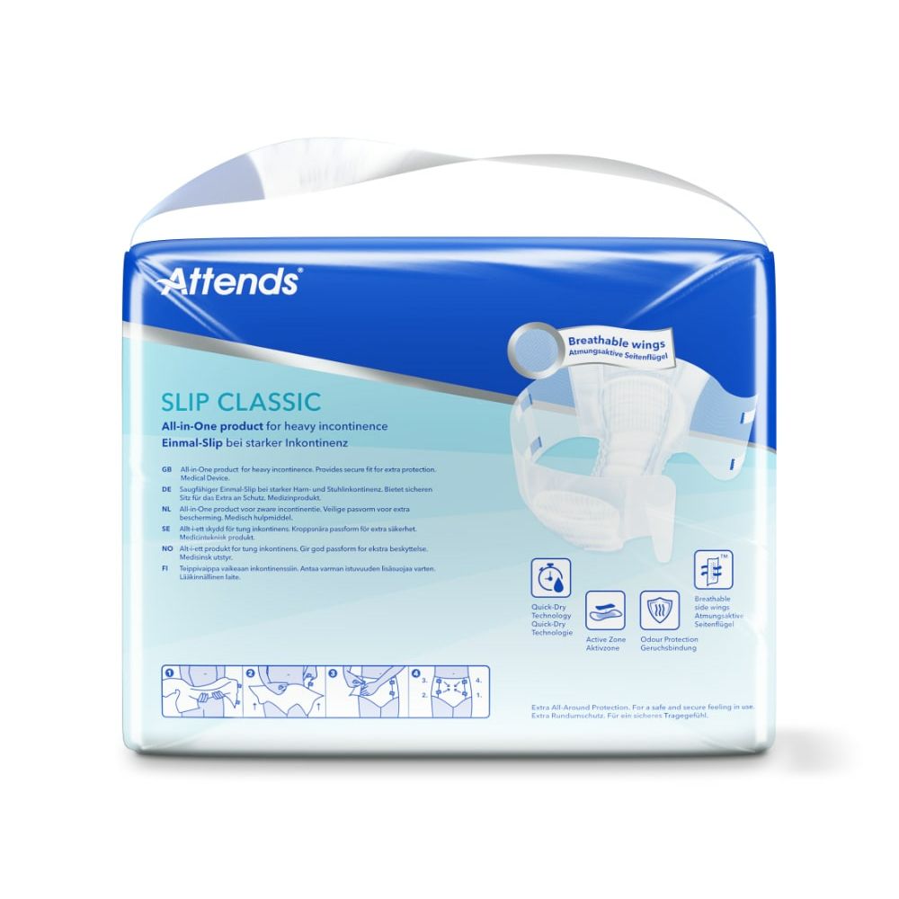 Rückseite der Attends Slip Classic 10 Verpackung. Blaue und weiße Verpackung mit Produktinformationen und Piktogrammen.