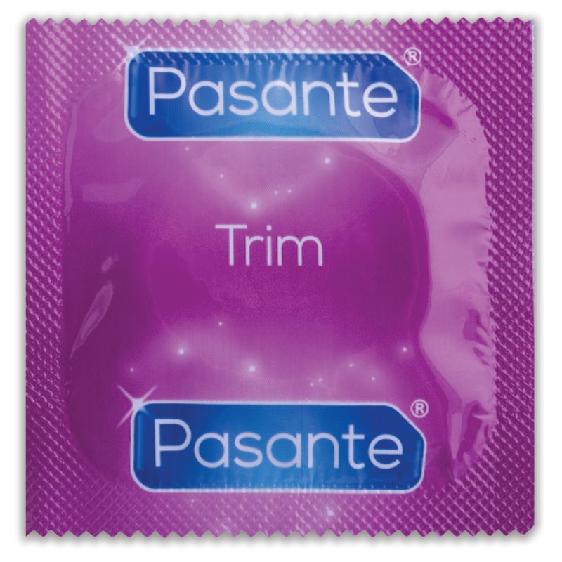 Einzelnes Kondom-Päckchen von Pasante Trim. Lila Verpackung.