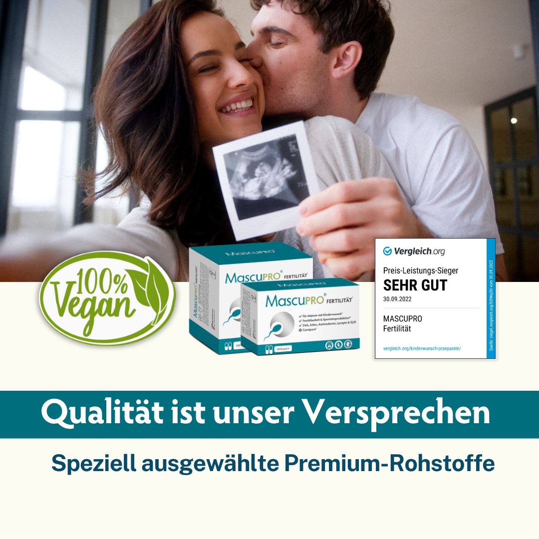 Glückliches Paar hält ein Ultraschallbild, daneben Produktverpackungen und Siegel.
