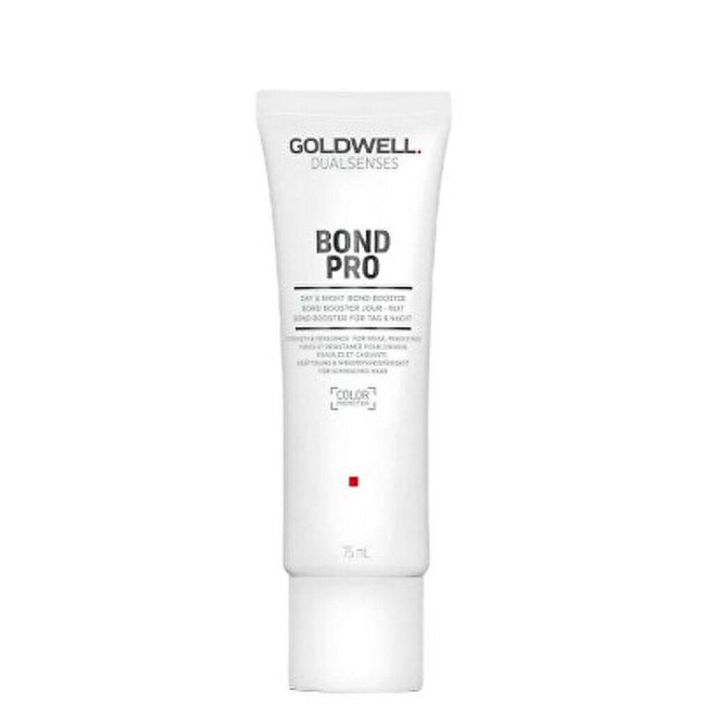 Weiße Tube mit BOND PRO und GOLDWELL. Text: Day & Night Bond Booster. Roter Punkt. Produkt auf hellem Hintergrund.