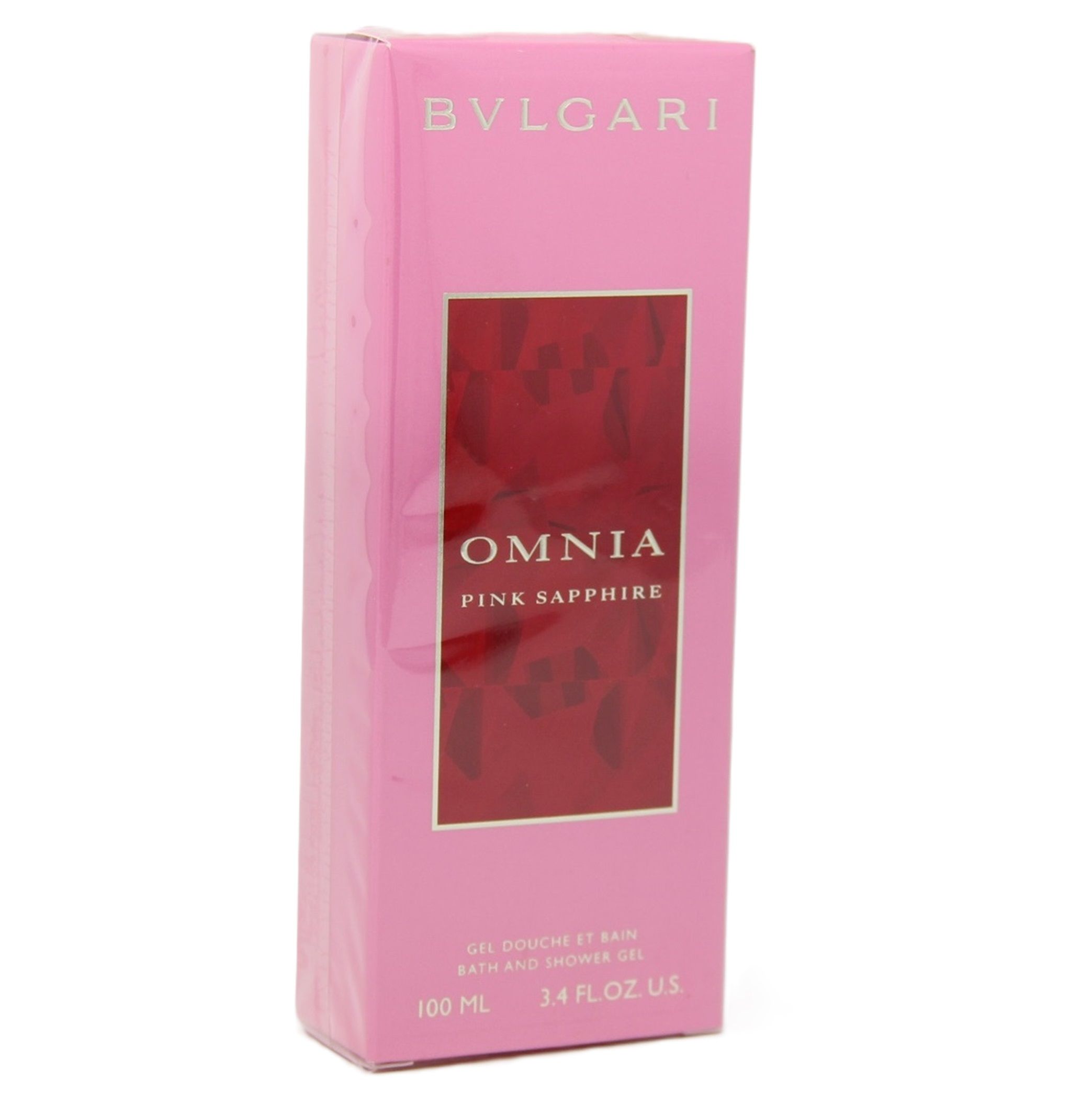 Bvlgari Omnia Pink Sapphire Duschgel-Verpackung, rosa mit rotem Etikett.