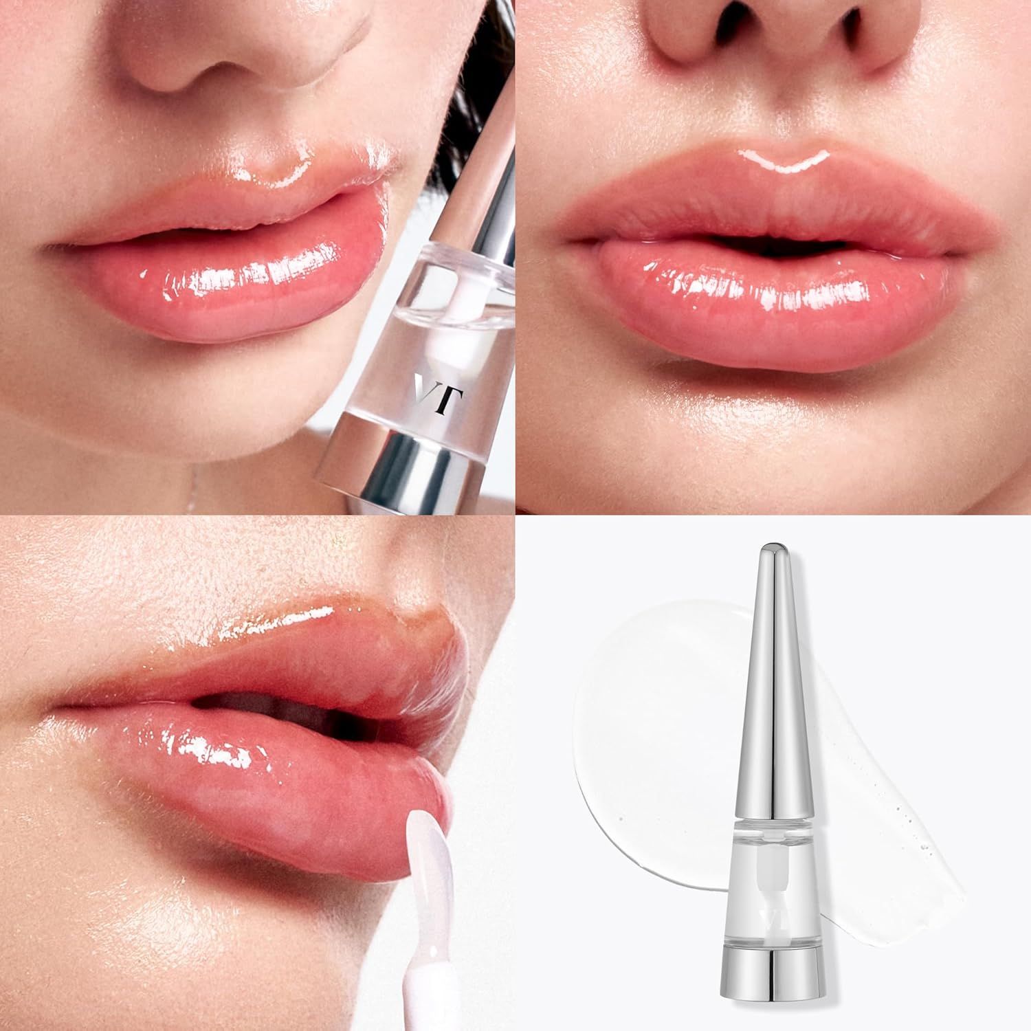 Mehrere Bilder zeigen Lippen mit und ohne Lippen-Plumper. Produkt und Applikator.
