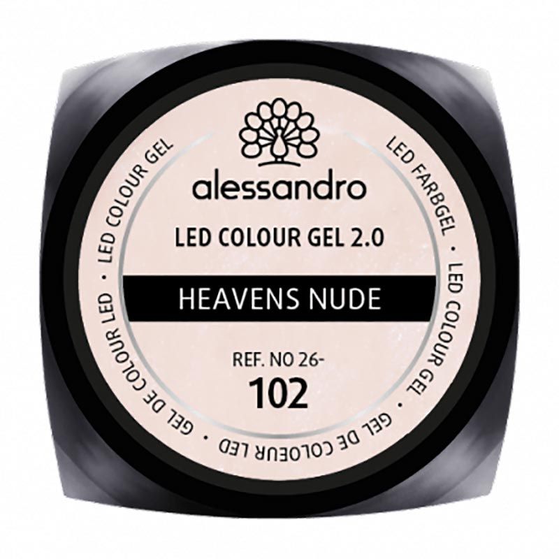 Runder Tiegel mit schwarzem Deckel. Aufschrift: Alessandro LED Colour Gel 2.0, Farbton Heavens Nude, Ref. 26-102.