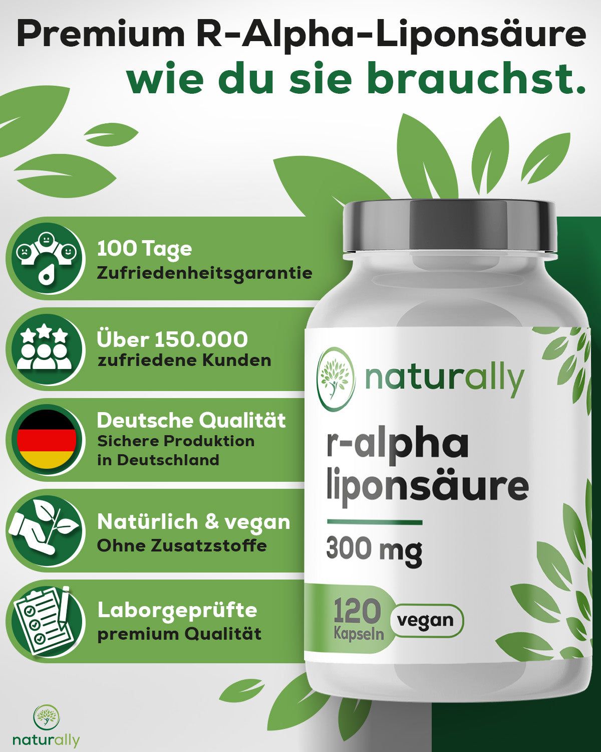 Produktbild mit Flasche. Text: naturally, r-alpha liponsäure, 300 mg, 120 Kapseln, vegan. 100 Tage Zufriedenheitsgarantie.