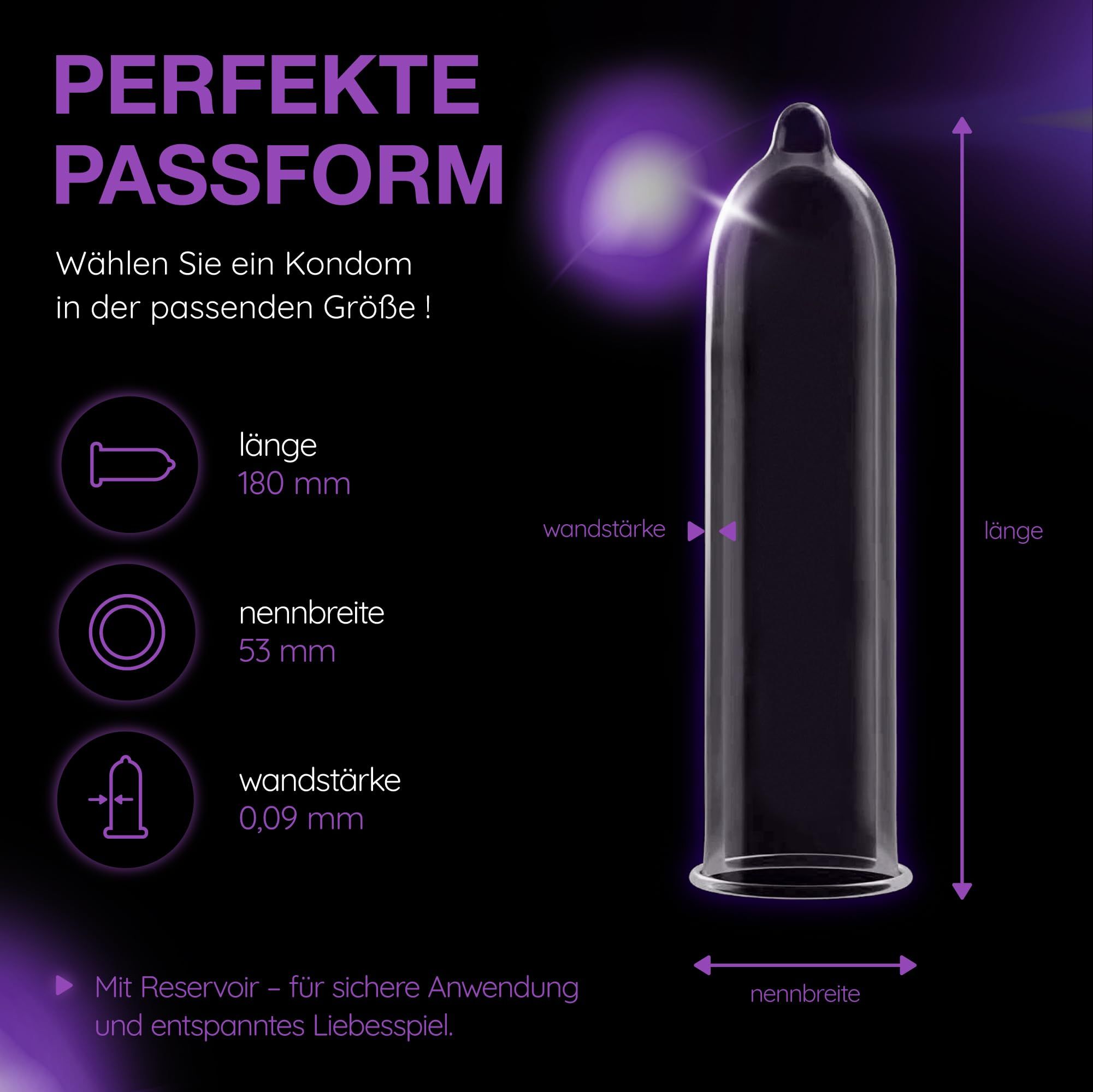 Vitalis Premium Strong Kondom: Länge 180 mm, Nennbreite 53 mm, Wandstärke 0,09 mm. Mit Reservoir.