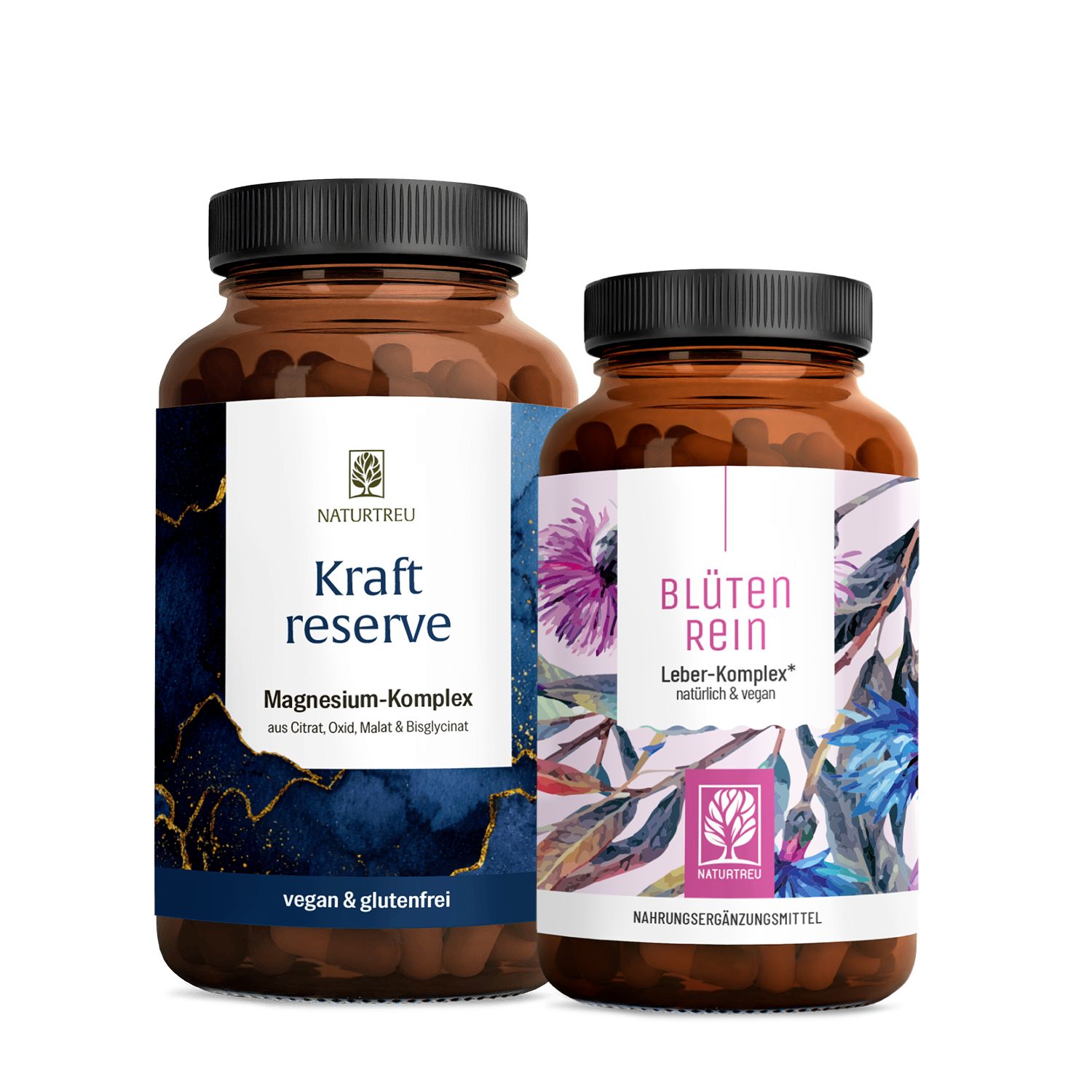 Zwei NATURTREU® Flaschen: Kraftreserve Magnesium-Komplex und Blütenrein Leber-Komplex.