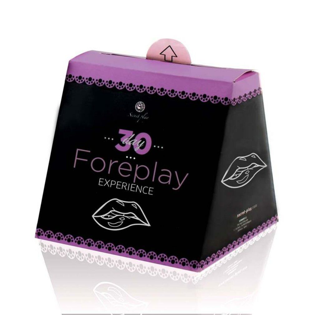 Trapezförmige Schachtel mit '30 Foreplay EXPERIENCE'. Schwarze Basis, lila Deckel. Lippen-Illustrationen. Logo der Marke.