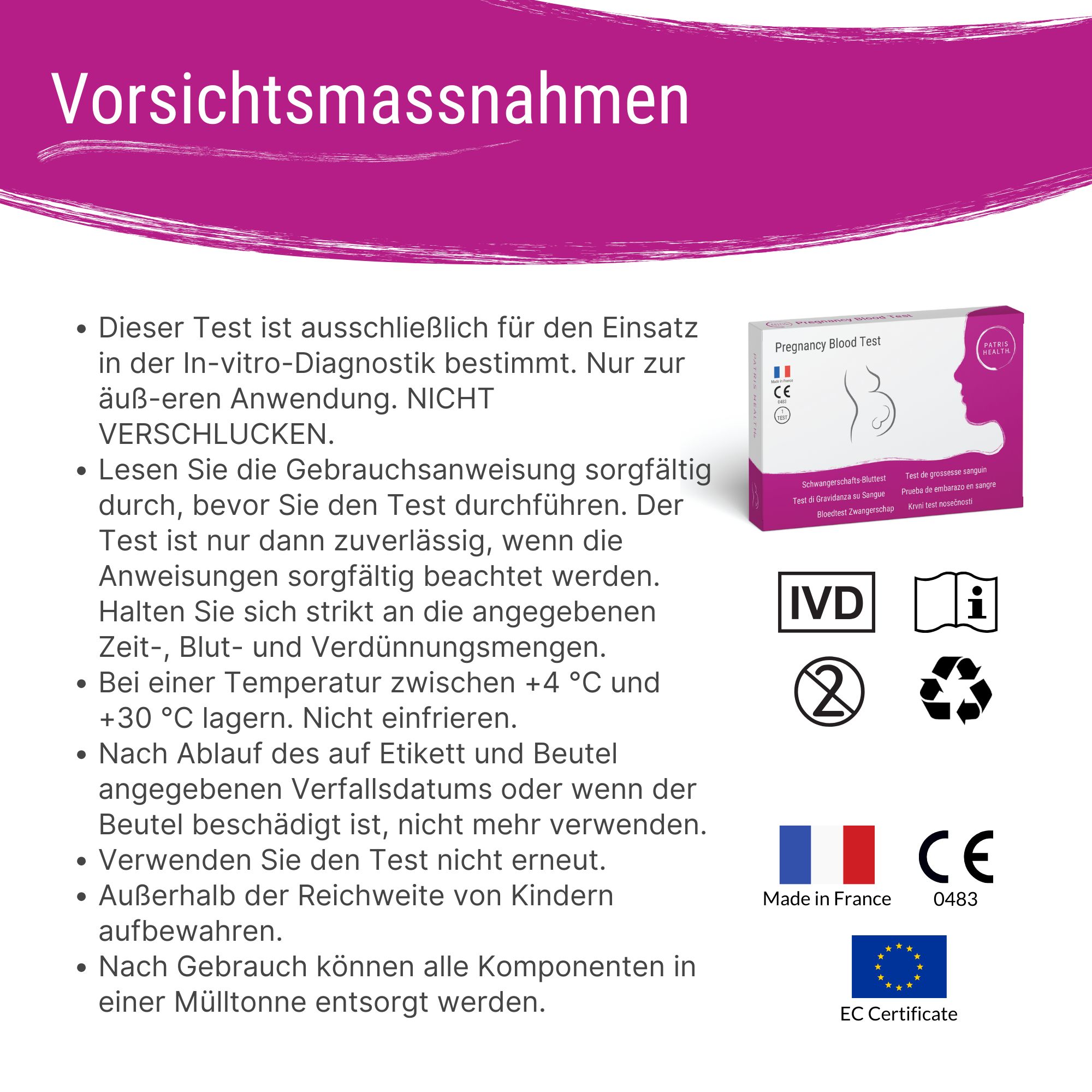 Vorsichtsmaßnahmen für den Schwangerschafts-Bluttest. Enthält wichtige Hinweise zur Anwendung.
