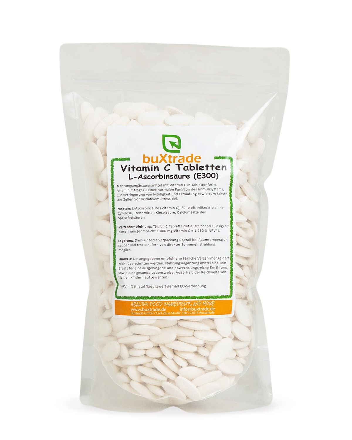 Verpackung mit buXtrade Vitamin C Tabletten, L-Ascorbinsäure (E300). Weiße, ovale Tabletten in einem durchsichtigen Beutel mit Etikett.