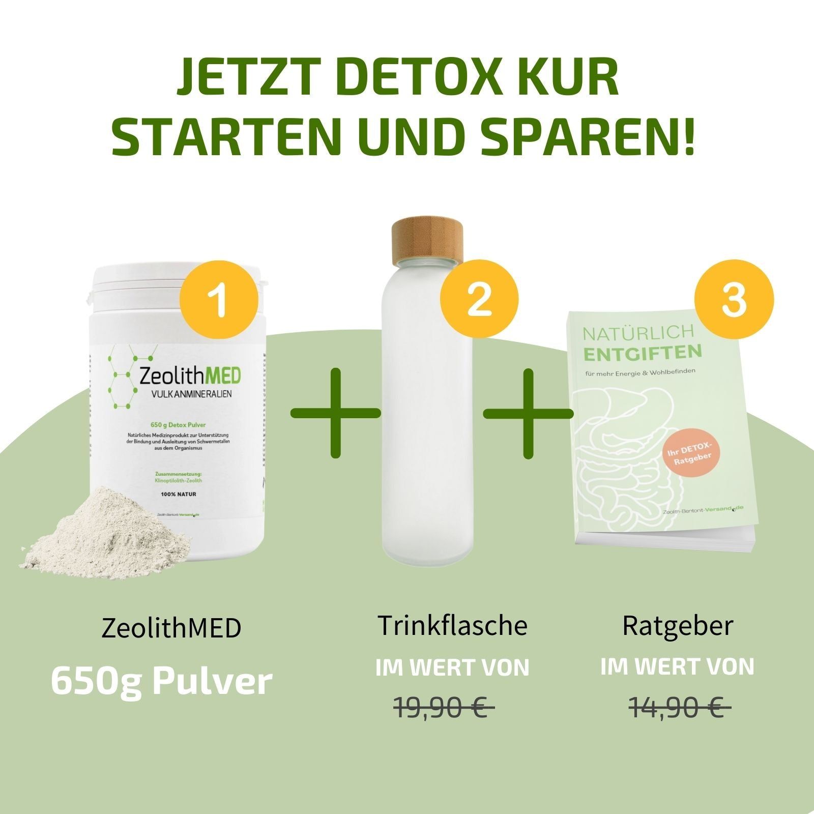Set mit Pulverdose, Trinkflasche und Ratgeber. Dose mit ZeolithMED-Aufdruck, Flasche mit Bambusdeckel, Ratgeber mit Titel.