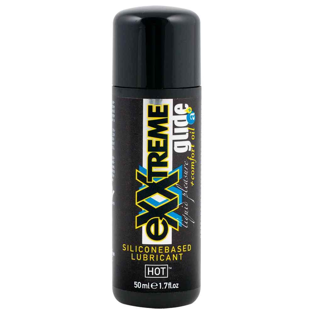Schwarze Flasche mit schwarzem Deckel. Aufschrift: eXXtreme glide, Siliconebased Lubricant, HOT. Volumen: 50ml/1.7 fl oz.