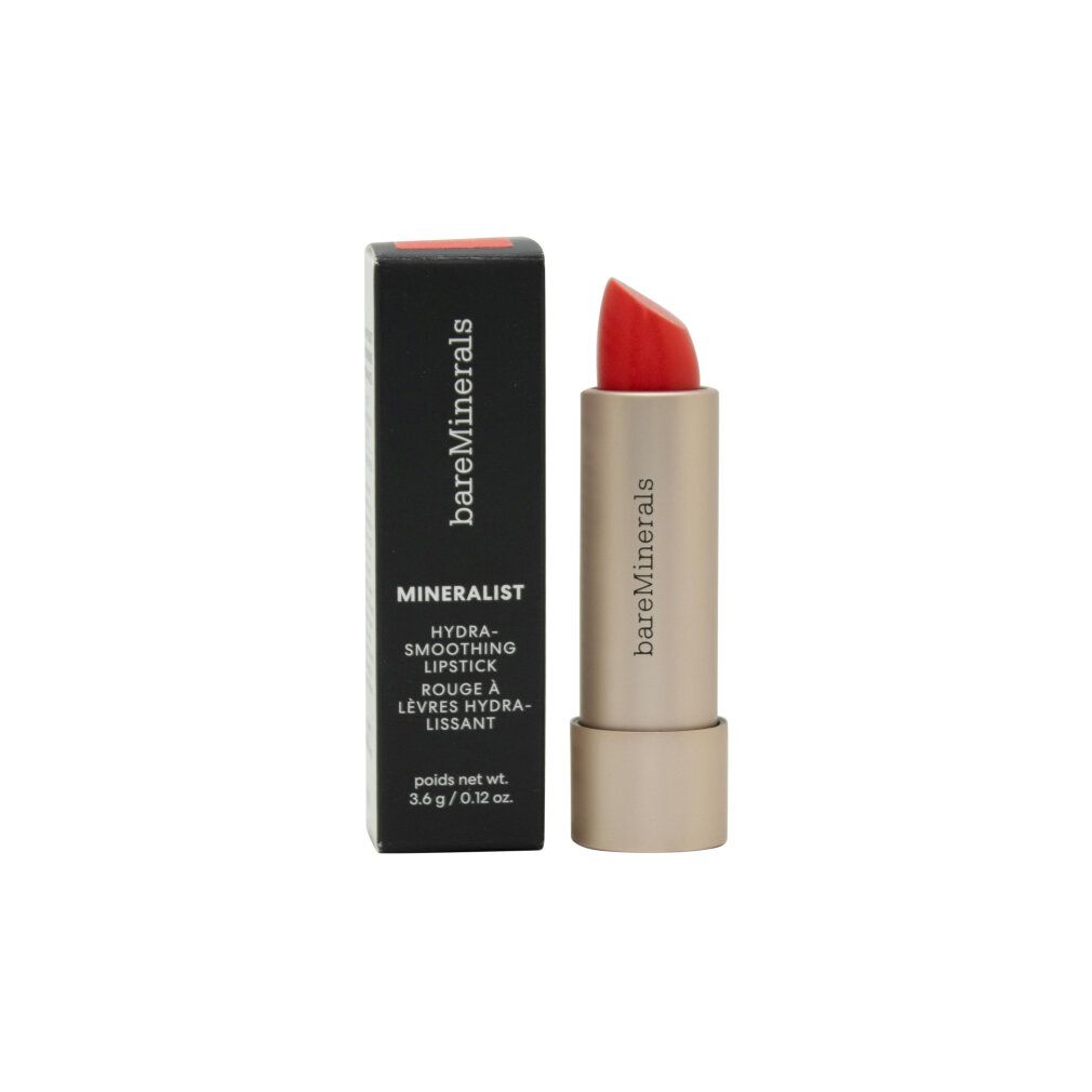 Roter Lippenstift neben schwarzer Verpackung. Text: MINERALIST, hydra-glättender Lippenstift. Marke: bareMinerals.