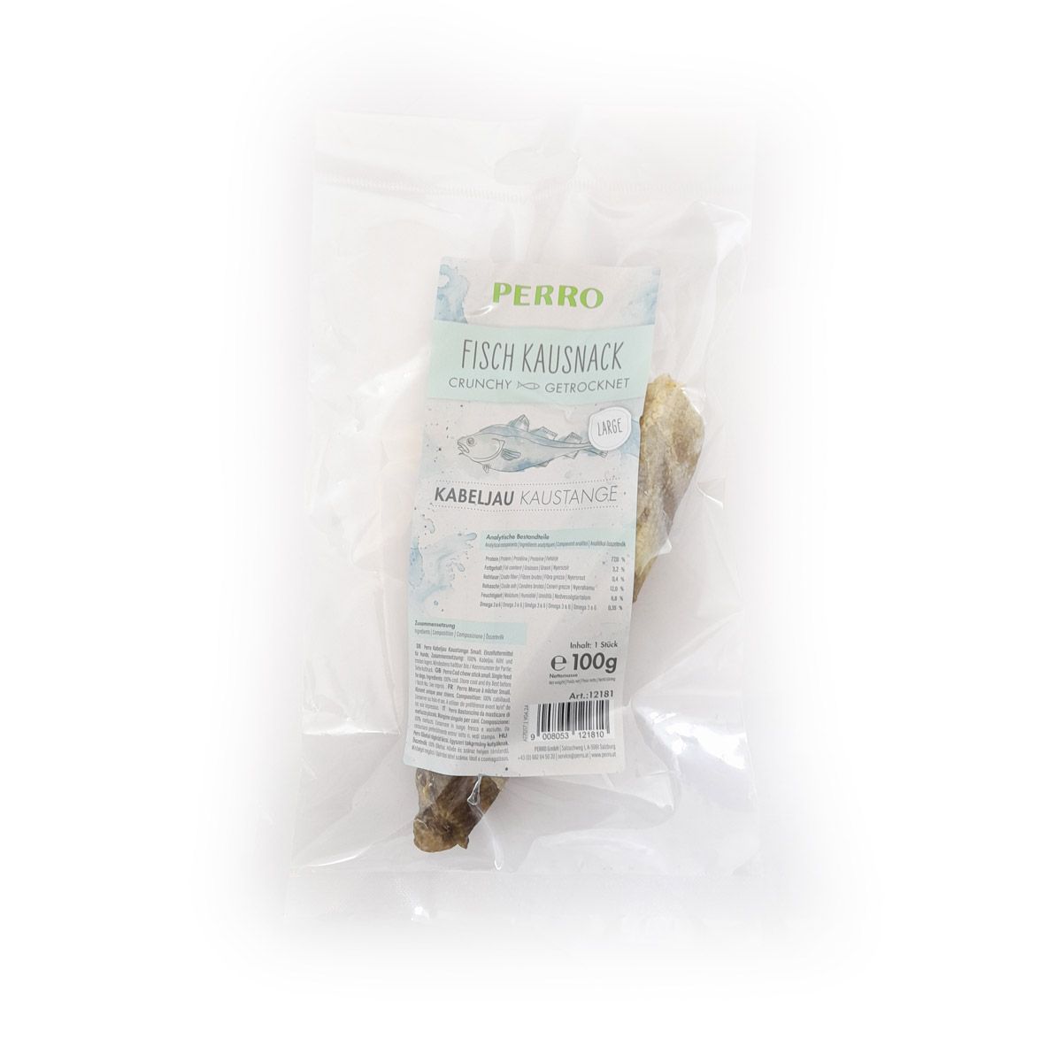 Verpackung mit Fisch-Kausnack. Aufschrift: PERRO, Fisch Kausnack Kabeljau Kaustange. Enthält 100g. Produkt in Folie verpackt.