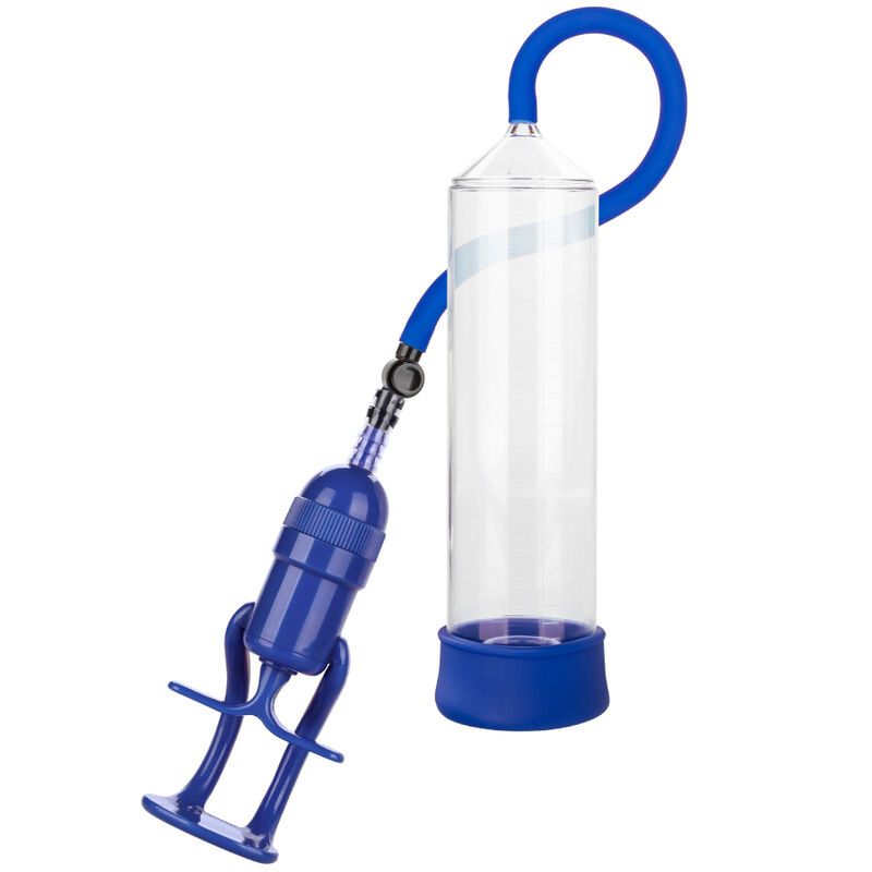 Penispumpe mit blauem Griff und transparentem Zylinder mit blauen Markierungen.