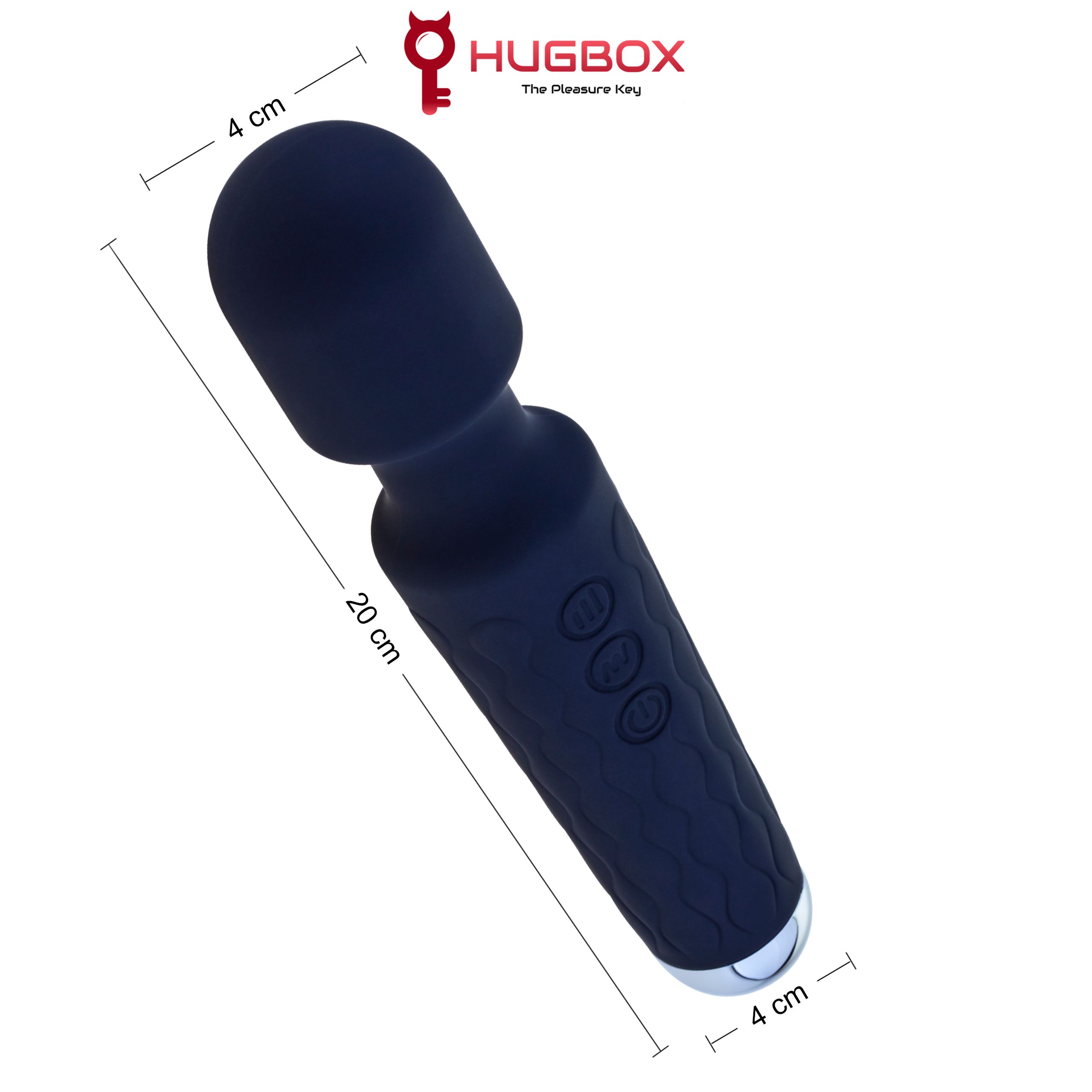 Dunkelblauer Vibrator mit wellenförmiger Textur. Abmessungen: 20 cm lang, 4 cm breit. HUGBOX Logo.
