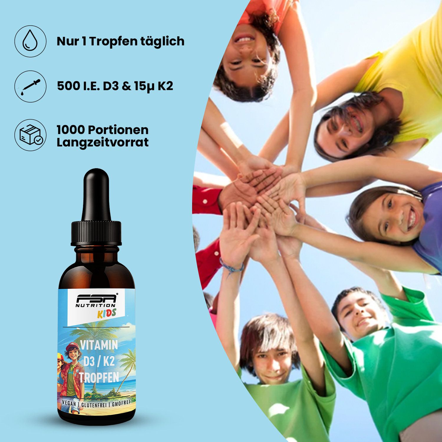Braune Flasche mit Tropfer. Aufschrift: FSA NUTRITION KIDS Vitamin D3 / K2 Tropfen. Vegan, glutenfrei. Kinderhände im Hintergrund.
