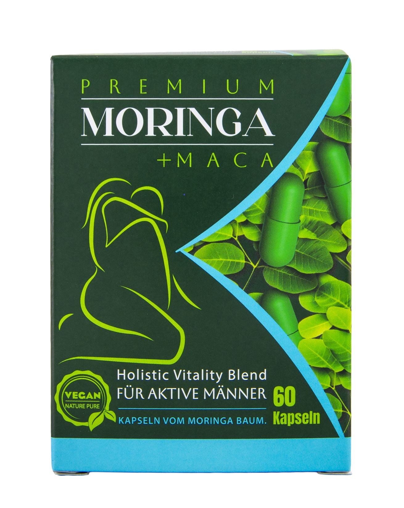 Verpackung mit MORINGA + MACA. Enthält 60 Kapseln. Vegan. Für aktive Männer. Grün und weißes Design.