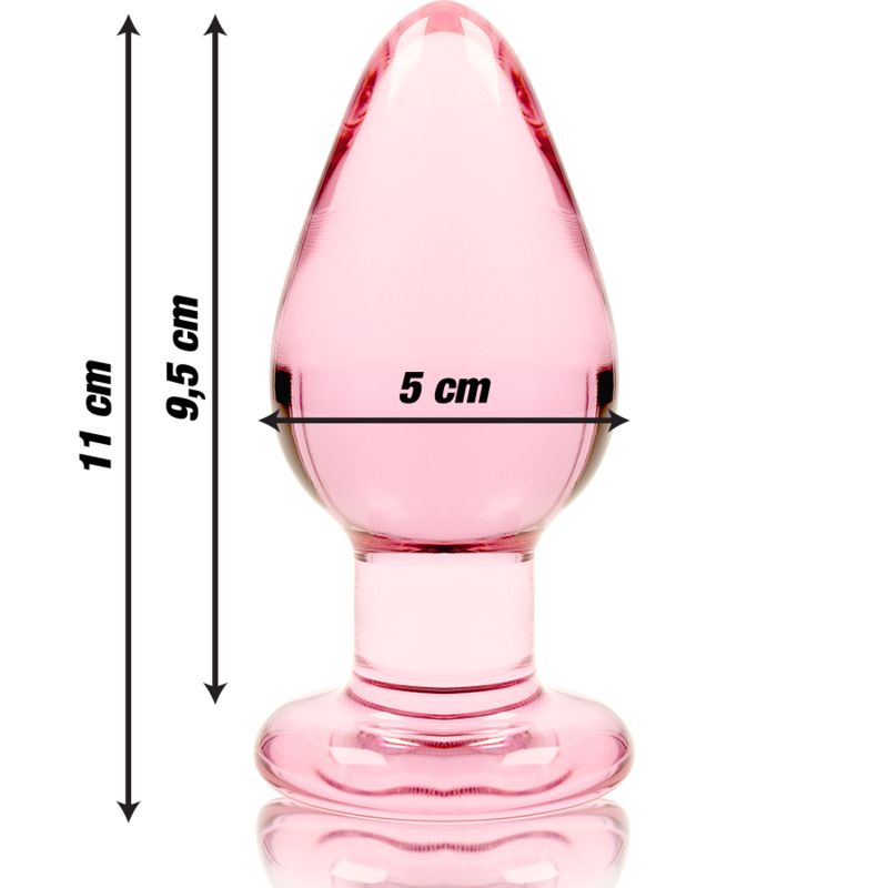 Rosa Glas-Analplug mit Maßen: 11 cm Länge, 9,5 cm Gesamtlänge, 5 cm Breite.