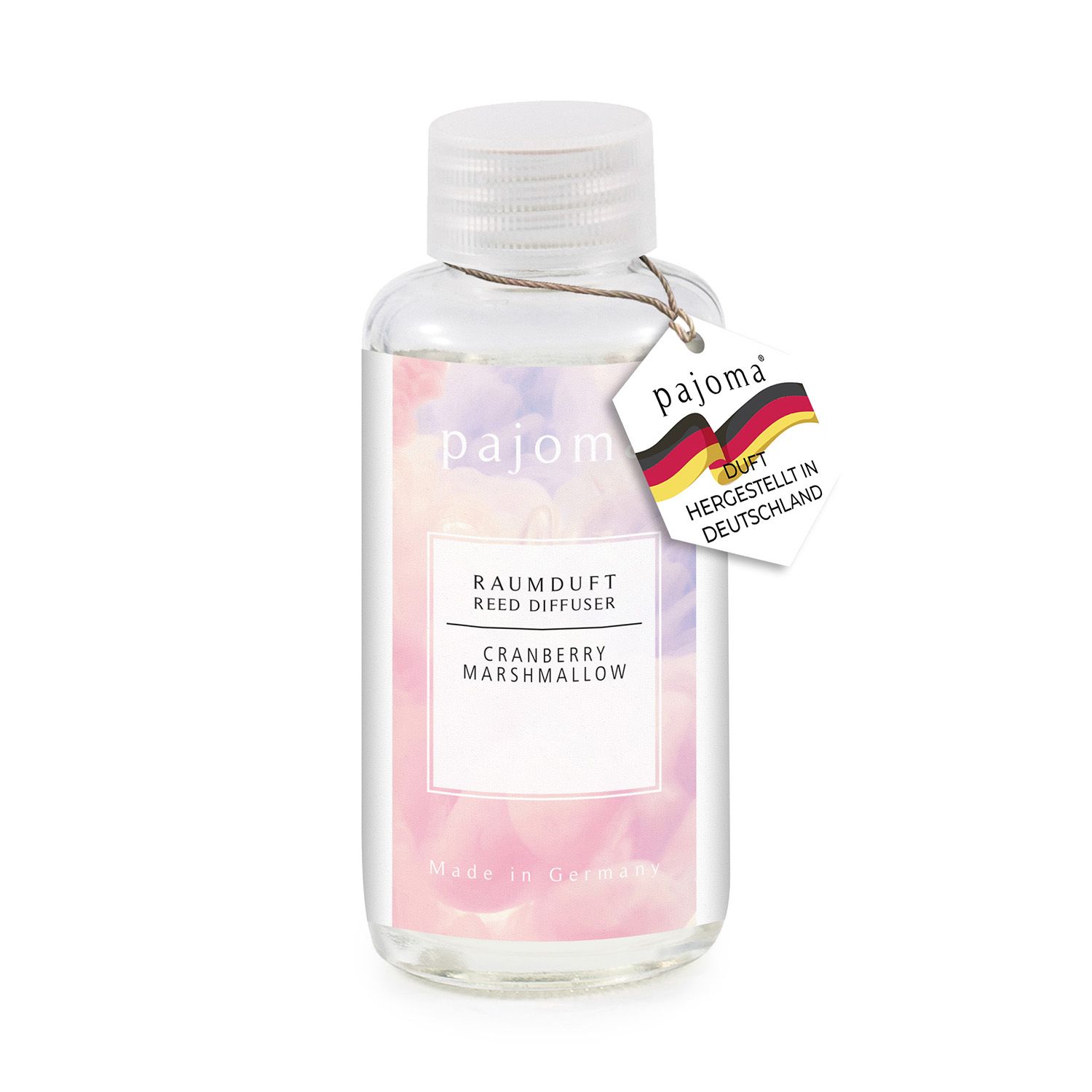 Glasflasche mit weißem Deckel und Etikett. Aufschrift: Cranberry Marshmallow, Raumduft, pajoma. Anhänger mit Deutschlandflagge.